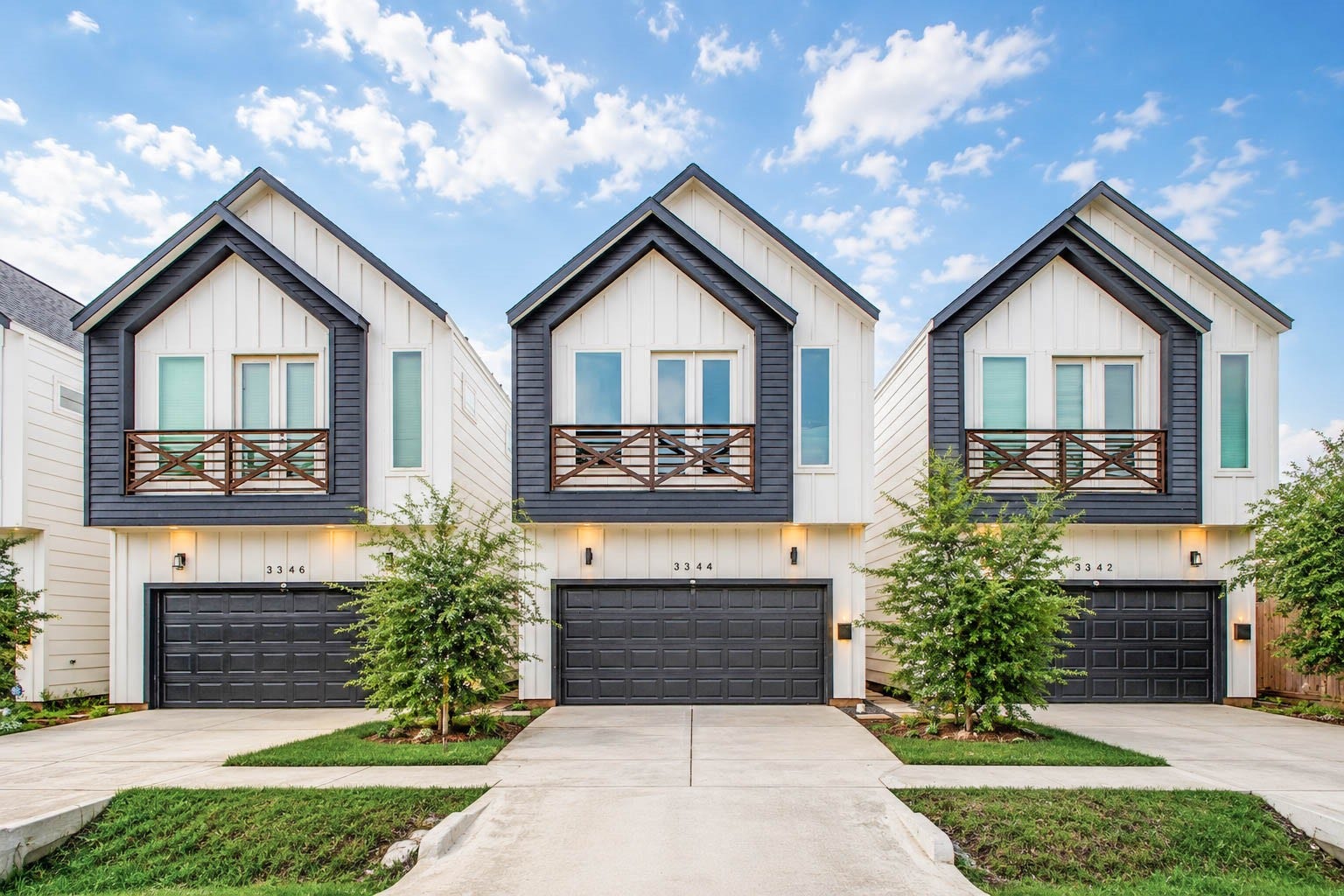 3344 Francis Street, Houston, TX 77004 Striking modern farmhouse architecture gives this residence immediate curb appeal, pairing crisp white board-and-batten siding with bold charcoal accents, warm wood balcony railings, contemporary exterior lighting, and an attached garage. Clean concrete drives, neatly placed trees, and a bright, balanced faade create a polished first impression, while the private upper-level balcony adds architectural character and a welcoming sense of arrival.