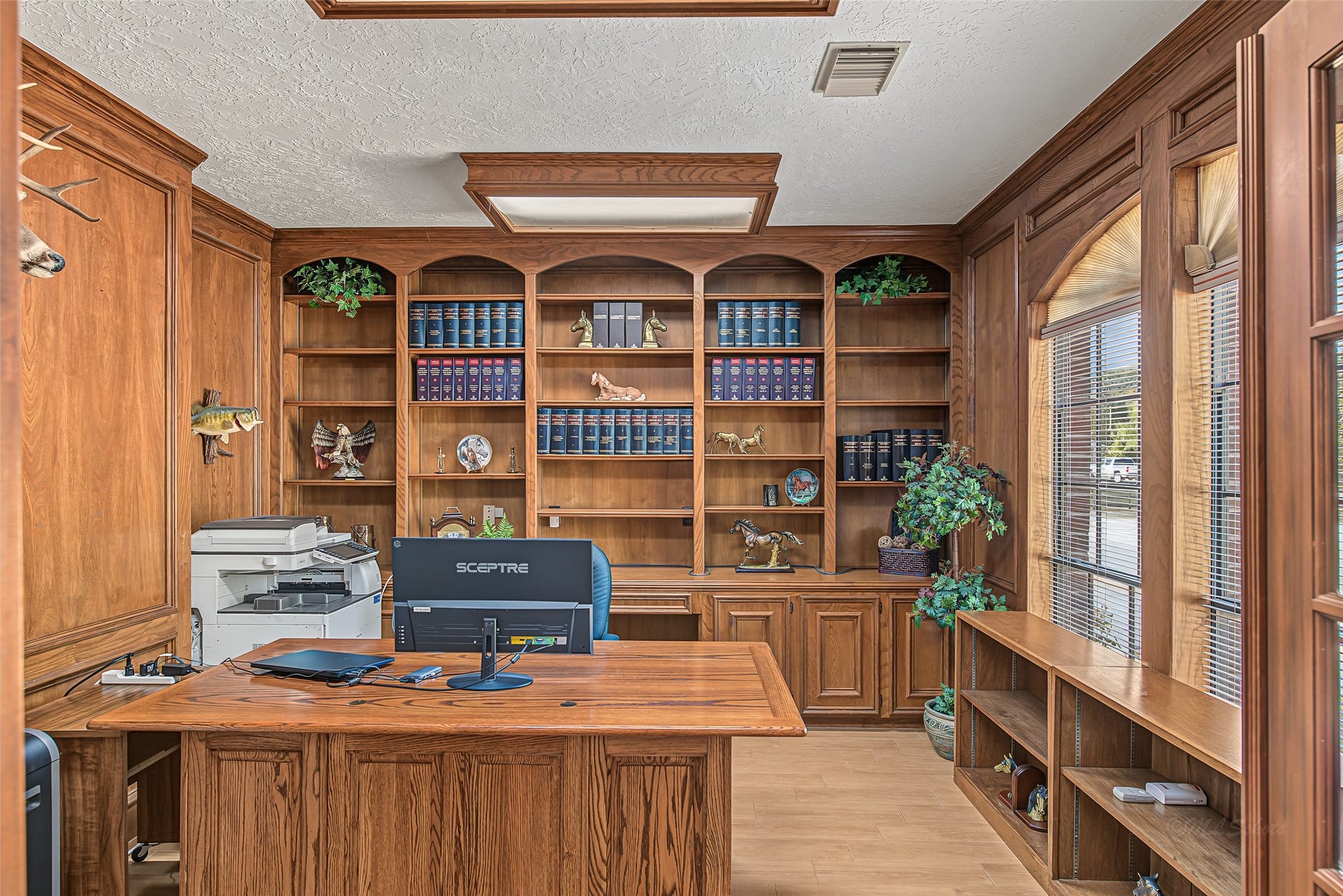 1345 Peach Ridge Road, Brookshire, TX 77423 A full wall of arched-top built-in bookshelves and lower cabinet storage provides exceptional functionality, seamlessly accommodating a home library, files, or personal collections.