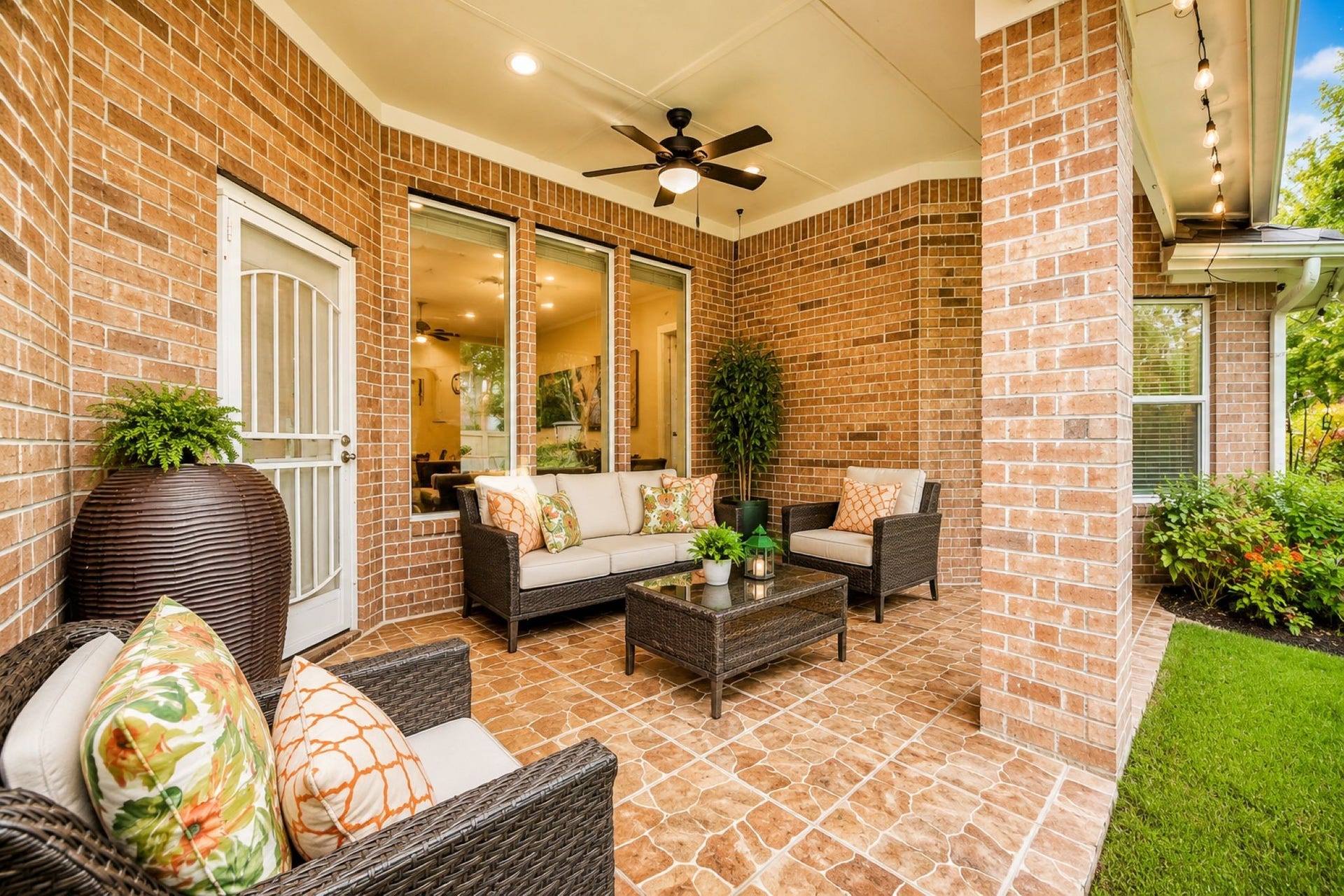 21123 Dover Park Lane, Katy, TX 77450 VIRTUALLY STAGED!
This inviting patio features a cozy seating area with wicker furniture and colorful cushions, set against a backdrop of red brick walls. It has elegant tile flooring, a ceiling fan for comfort, and lush greenery, creating a perfect outdoor relaxation space.