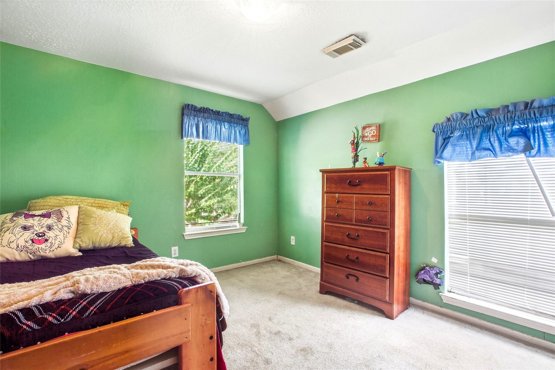 Secondary bedroom with carpet and two windows for natural light.