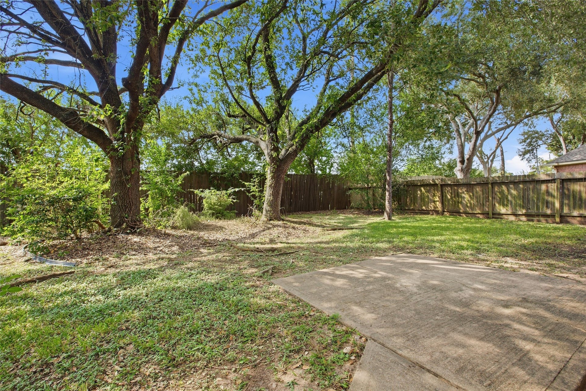 Fenced backyard with mature shade trees and a concrete patio.