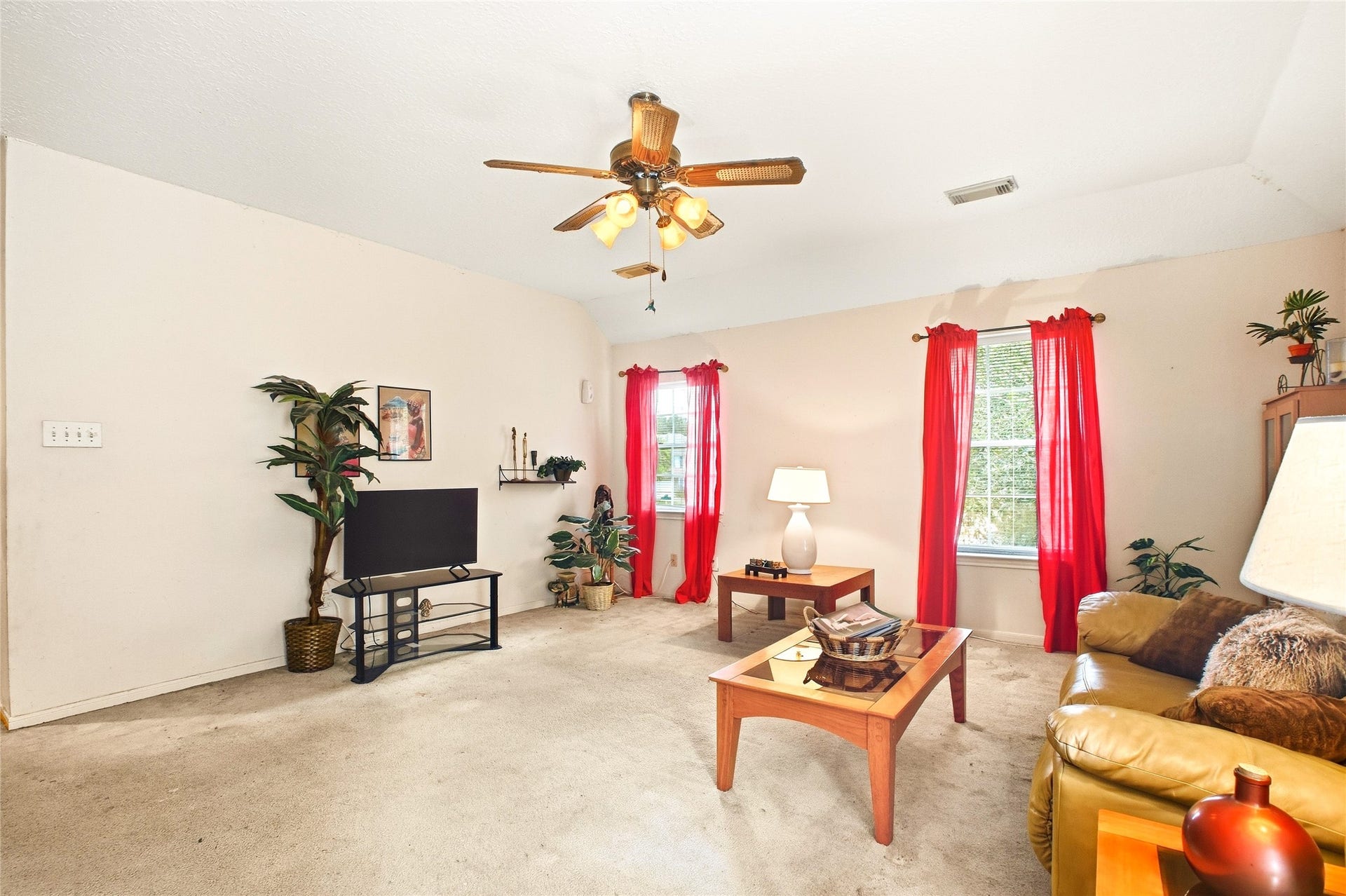 Upstairs game room with carpet, ceiling fan, and multiple windows, offering space for media, play, or a home gym.