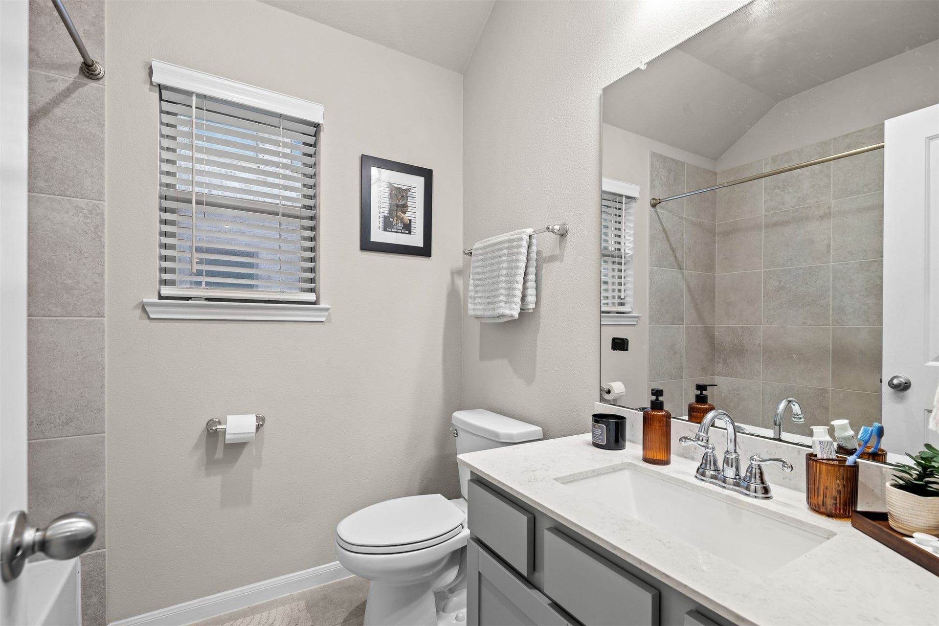 3707 Amoroso Drive, Iowa Colony, TX 77583 A fresh neutral look and tiled tub/shower surround give the Hall bath an easygoing style.