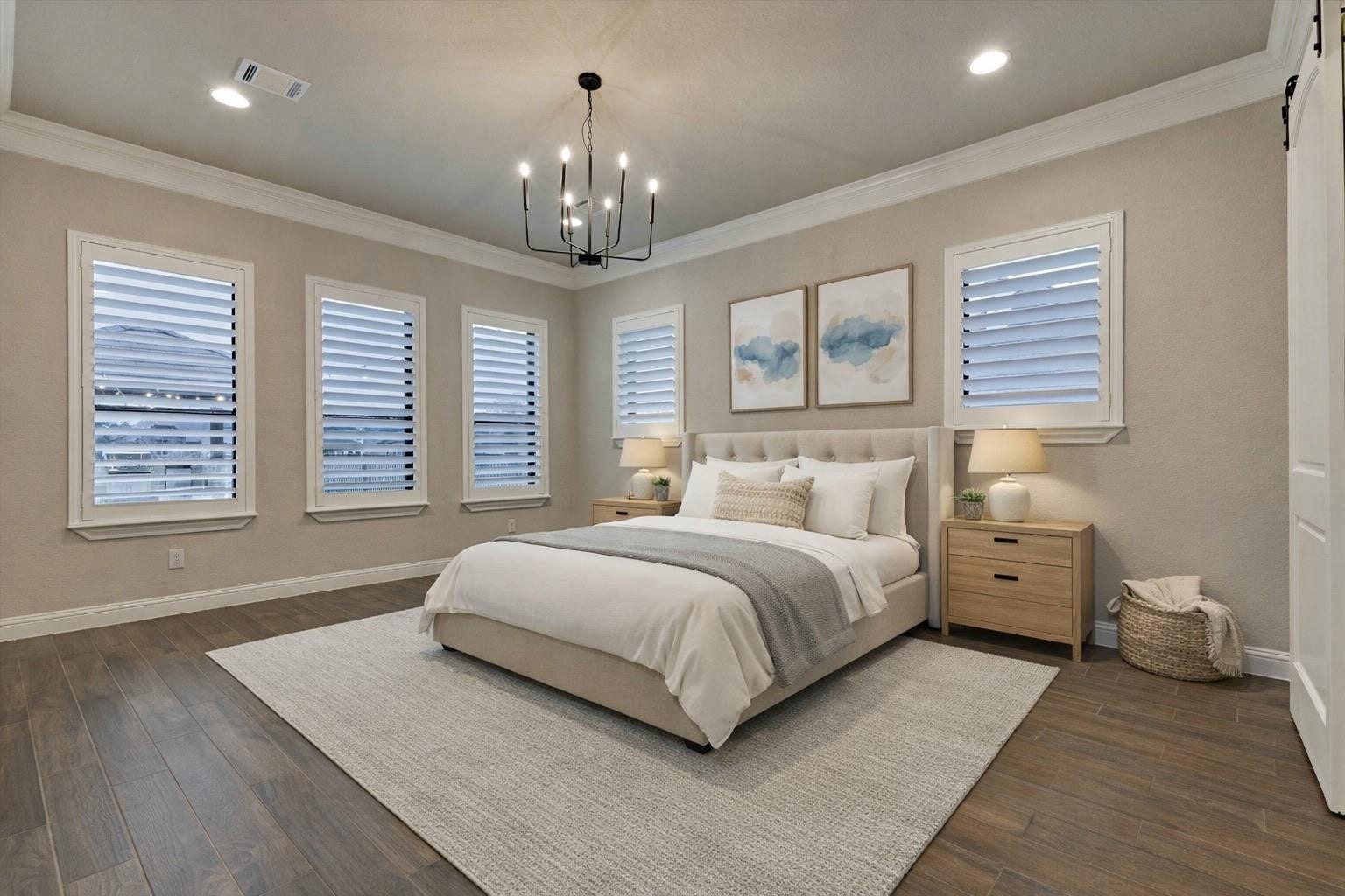 11618 Renaissance Drive, Montgomery, TX 77356 Primary bedroom with windows overlooking the backyard and lake. Digitally staged.