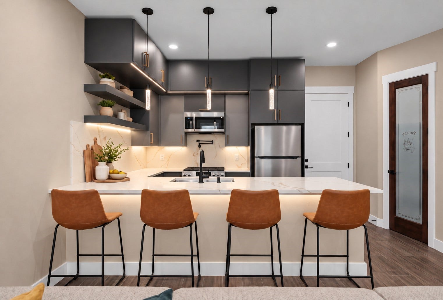 2412 Terry Street, #B, Houston, TX 77009 Virtually Staged: Designed for both daily living and hosting, this open kitchen features double-stacked upper cabinets for optimized storage space alongside a large functional island.