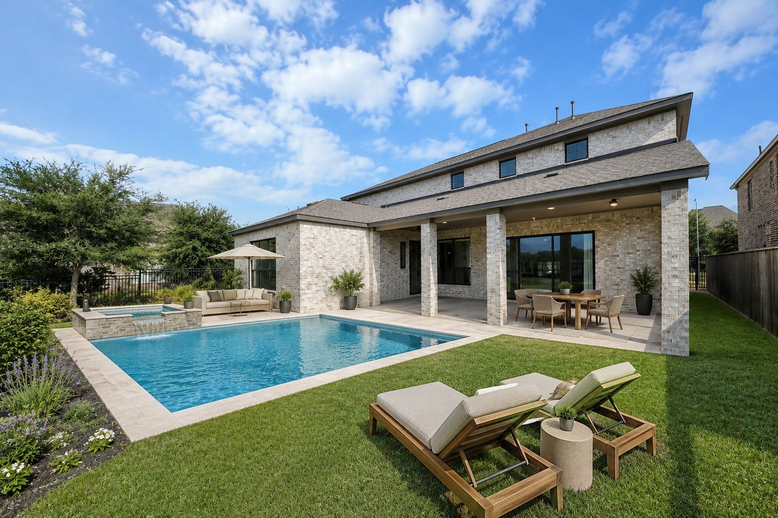 1423 Hackberry Heights Drive, Richmond, TX 77406 Virtually staged. Experience the perfect blend of luxury and relaxation in this stunning home, showcasing a beautifully staged backyard oasis with a sparkling pool, inviting patio, and lush landscaping.