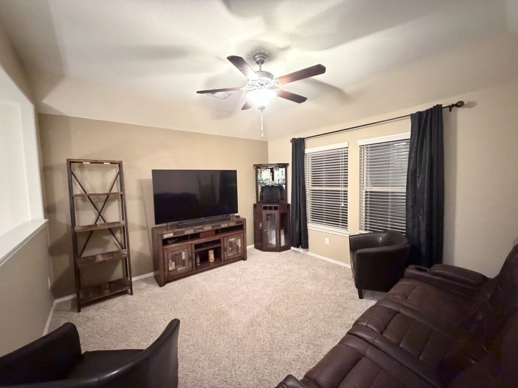2806 Bretton Woods Drive, Conroe, TX 77301 Discover the ultimate retreat in this versatile space, perfect for a man cave, game room, or home office, featuring cozy seating, a large TV, and abundant natural light.