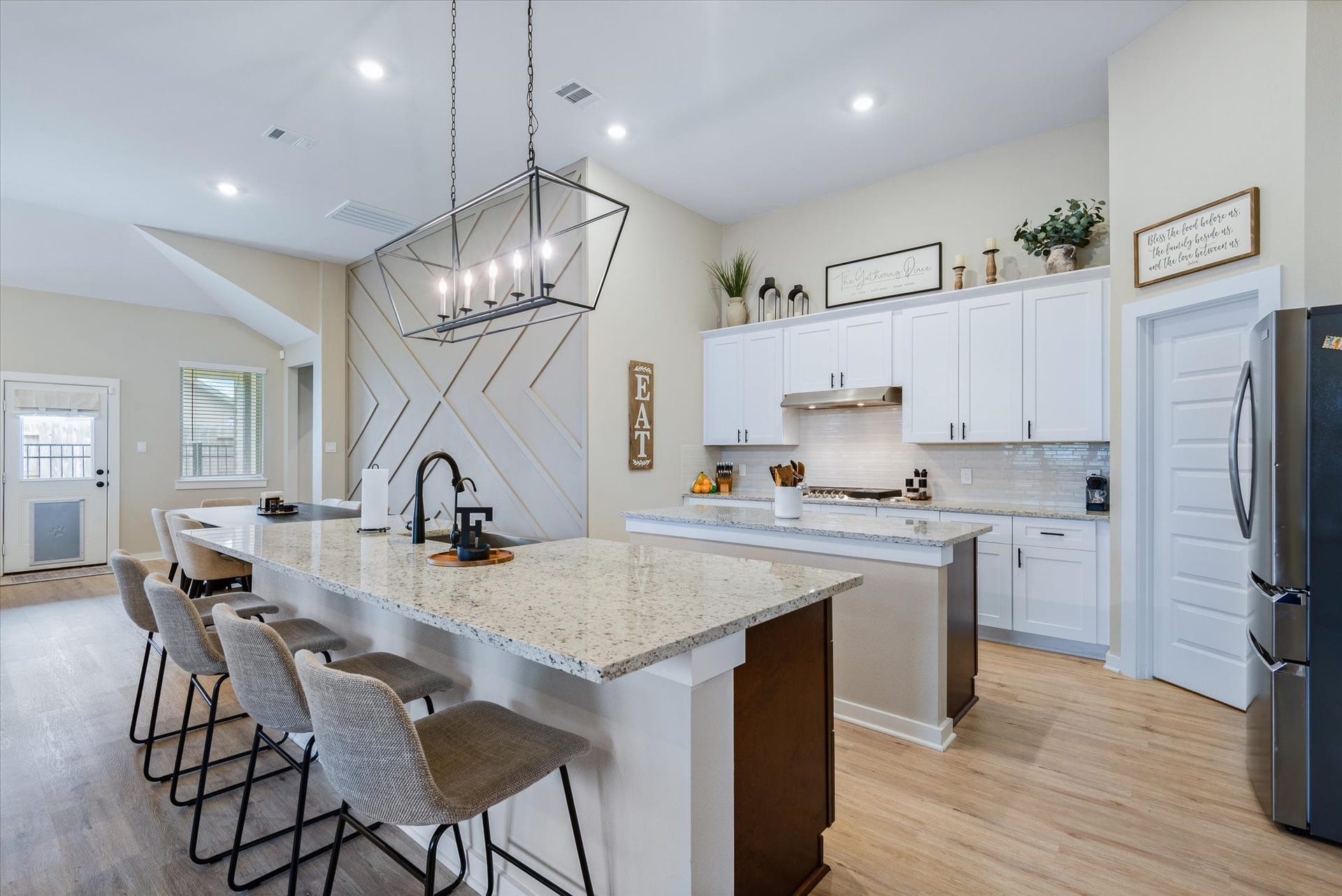 Kitchen open to the dining area with an island