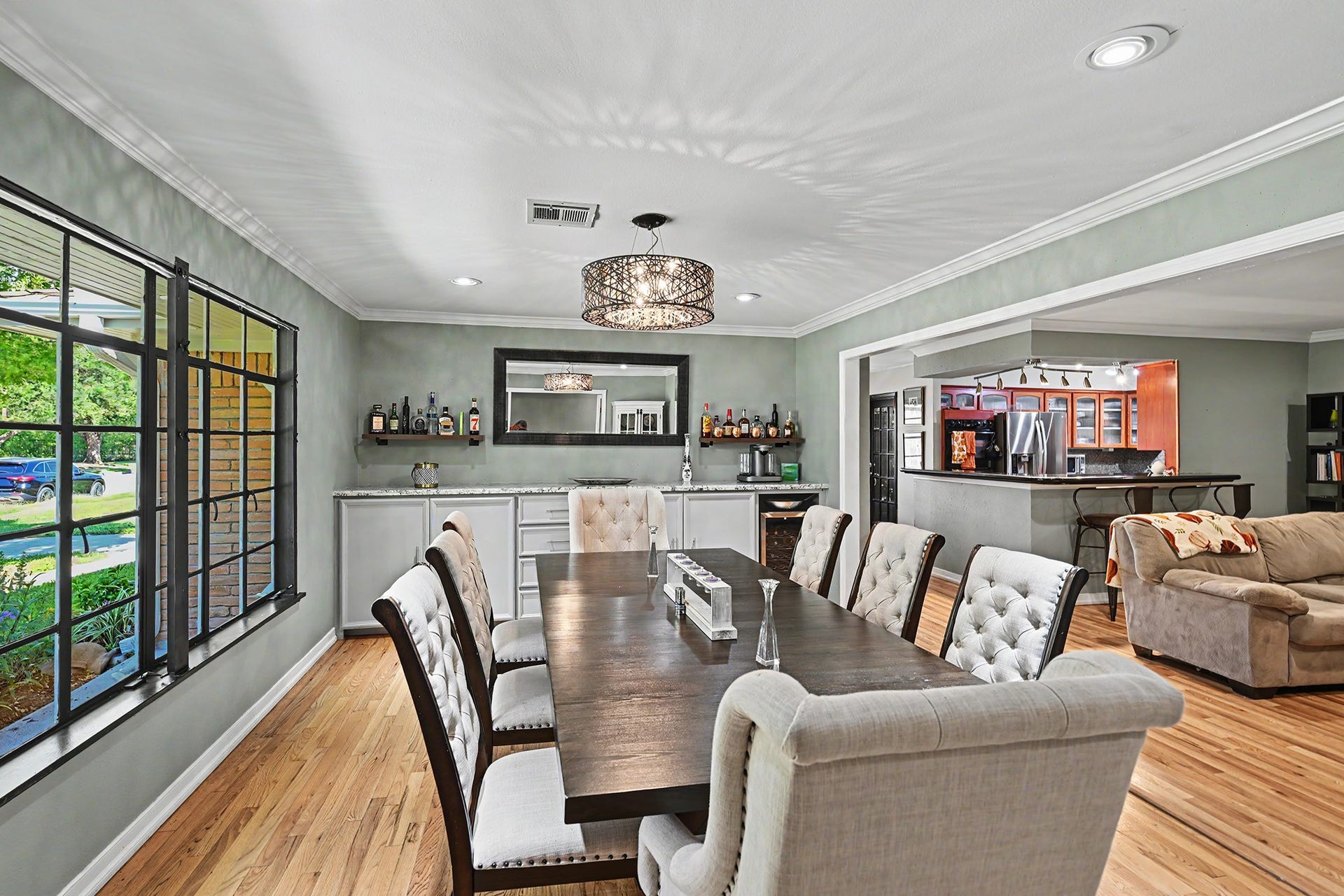 This shot shows the built-in dry bar/buffet with lots of counter space and storage.