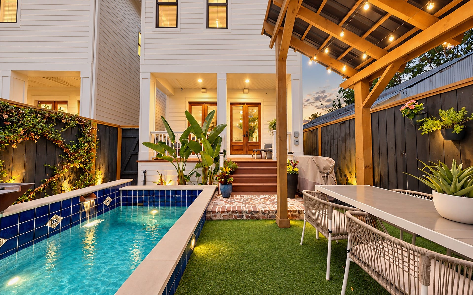 438 W 28th Street, Houston, TX 77008 As night settles in, this charming backyard comes alive with a sparkling pool, softly lit landscaping and a covered outdoor dining area that's ready for evenings with friends and family.