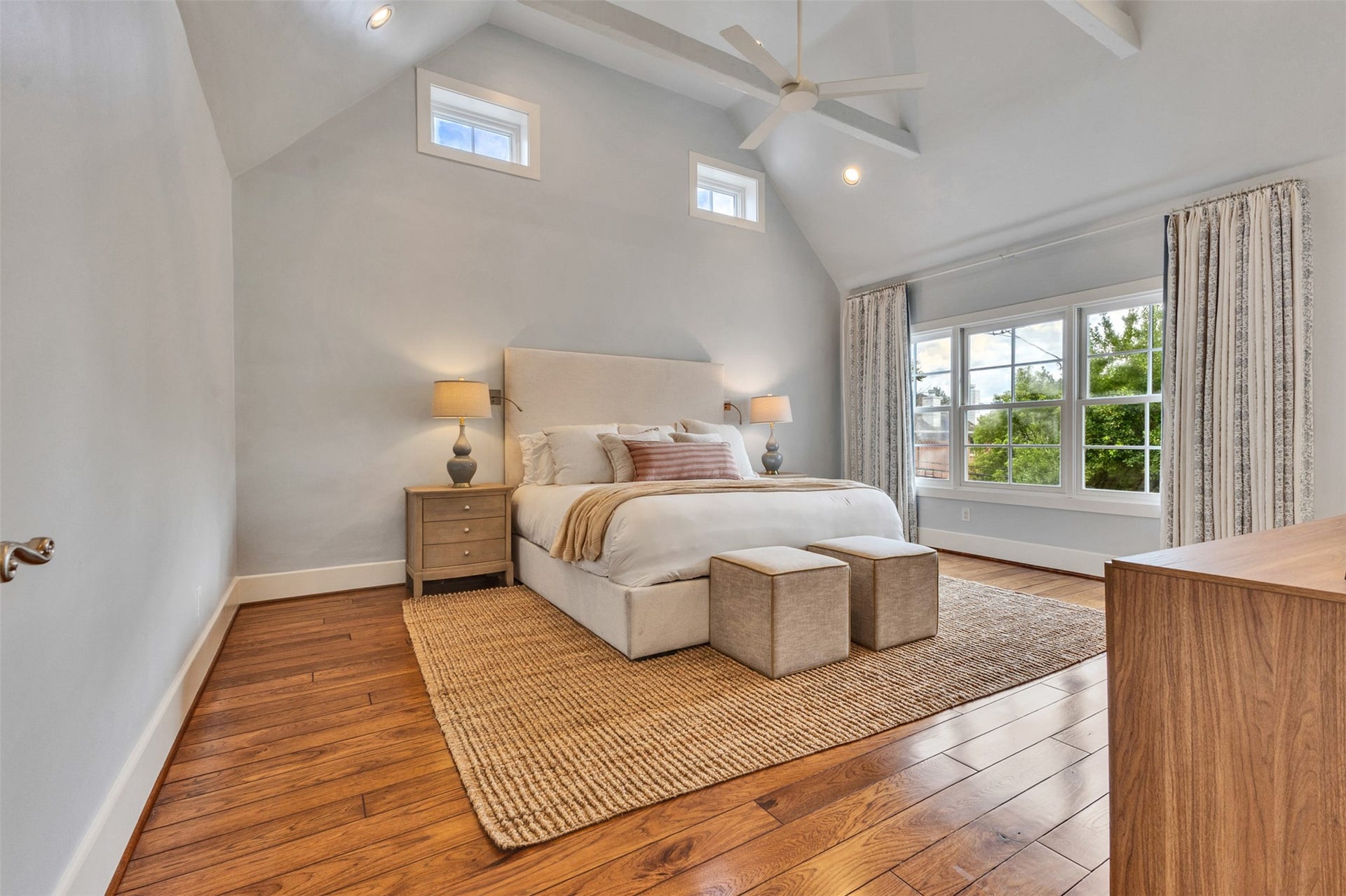 2721 Cason Street, West University Place, TX 77005 Primary suite with plaster walls, vaulted ceilings hardwoods, and custom drapery