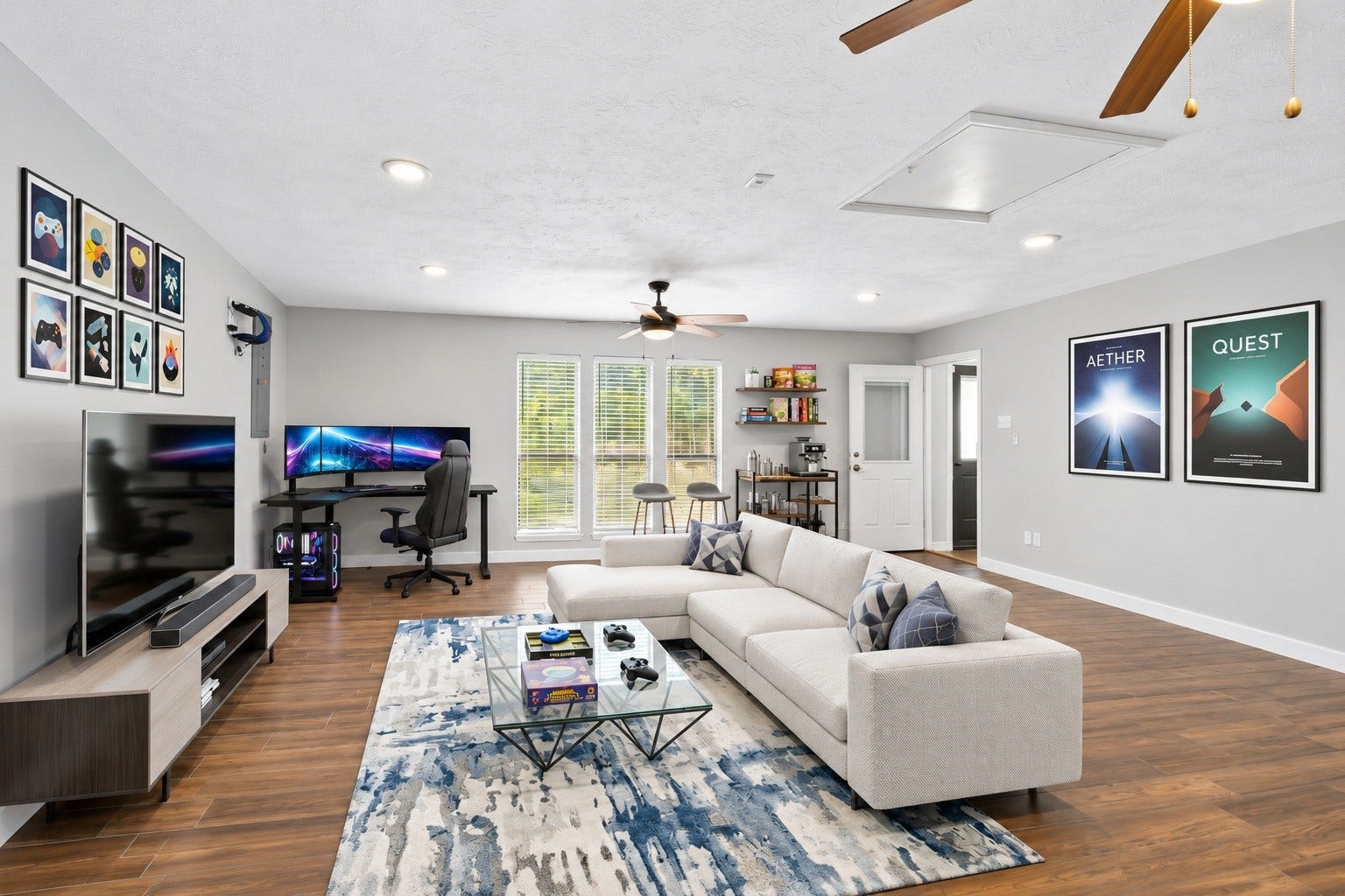 3527 Eula Morgan Road, Katy, TX 77493 This versatile second living area offers additional space for a game room, media room, or home gym, with direct access to the backyard. Virtually staged.