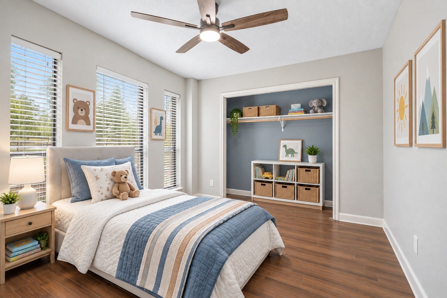 3527 Eula Morgan Road, Katy, TX 77493 A bright secondary bedroom offers tall windows with serene views and a spacious closet. Virtually staged.