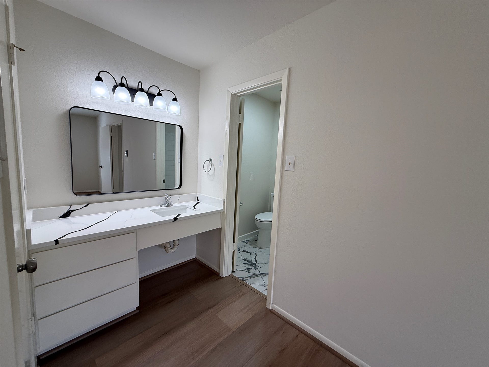 Primary bathroom vanity with new counter, sink and faucet.