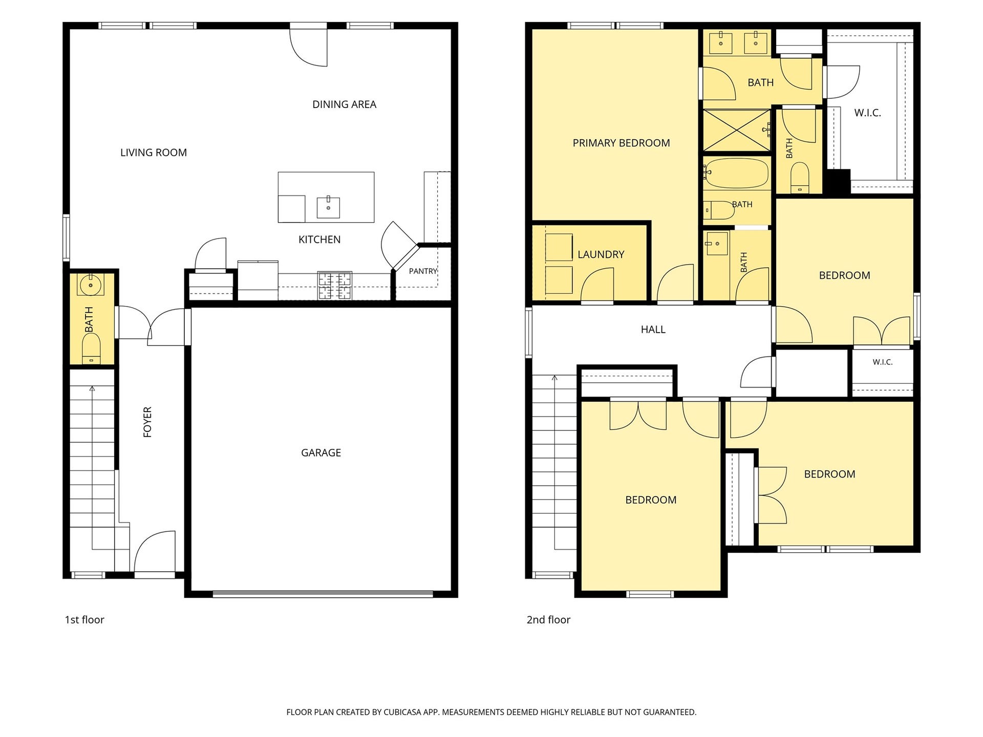 Spacious two-story floor plan featuring an open-concept living and dining area, a modern kitchen with pantry, and a convenient first-floor bath. Upstairs, enjoy a primary bedroom with en-suite bath, three additional bedrooms, two more bathrooms, and a laundry room. Ample storage with walk-in closets and a two-car garage.