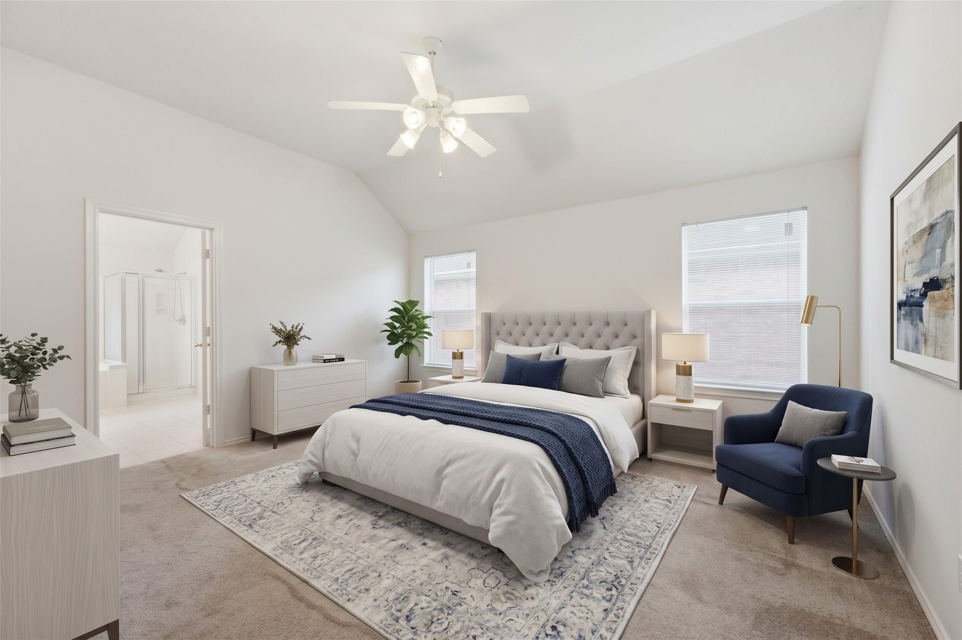 2426 Floral Ridge Drive, Spring, TX 77388 Spacious primary retreat with high ceilings, dual picture windows, and private ensuite bath access. (virtually staged)
