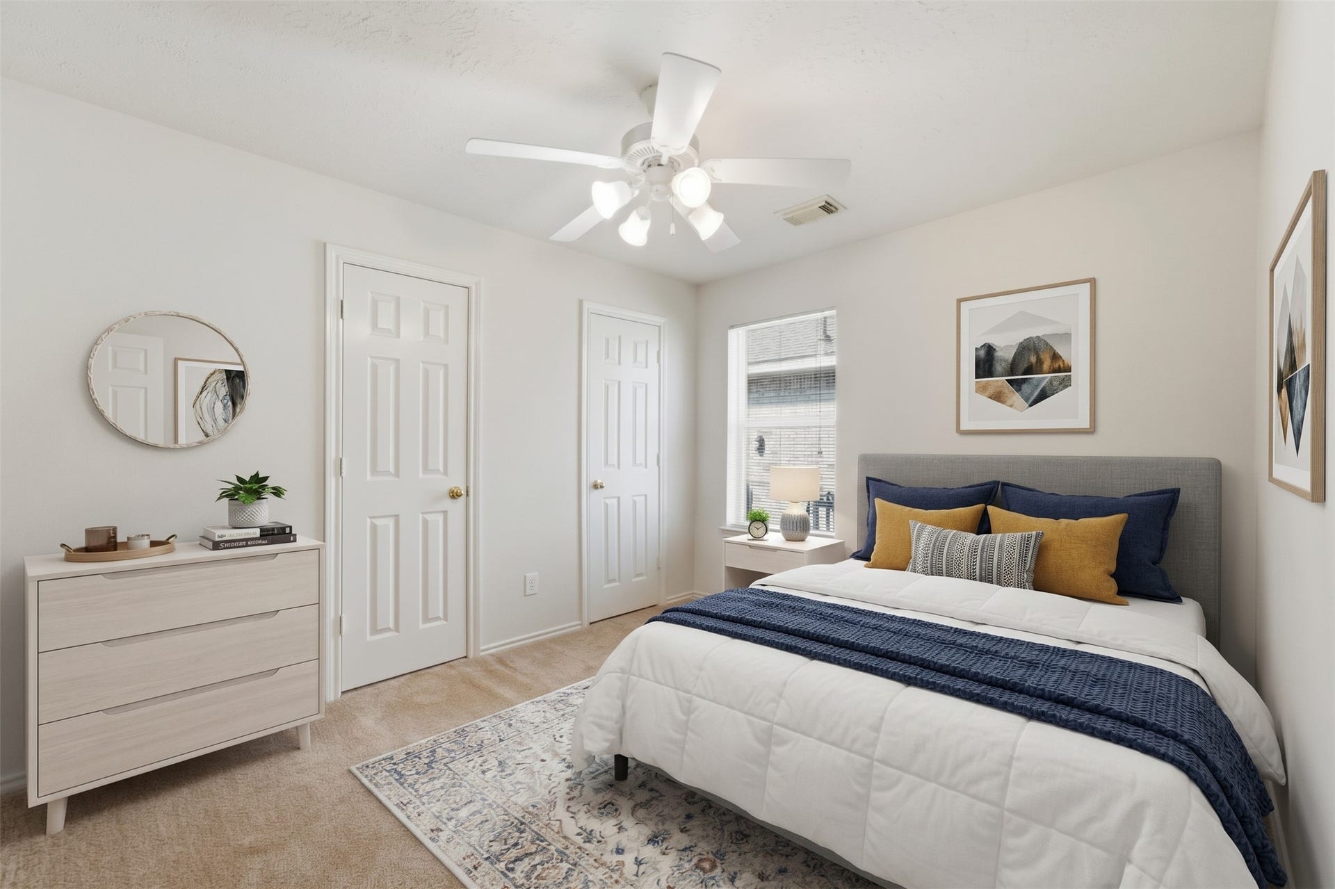 2426 Floral Ridge Drive, Spring, TX 77388 secondary bedroom complete with neutral carpeting, lighted ceiling fan, and dedicated closet space.