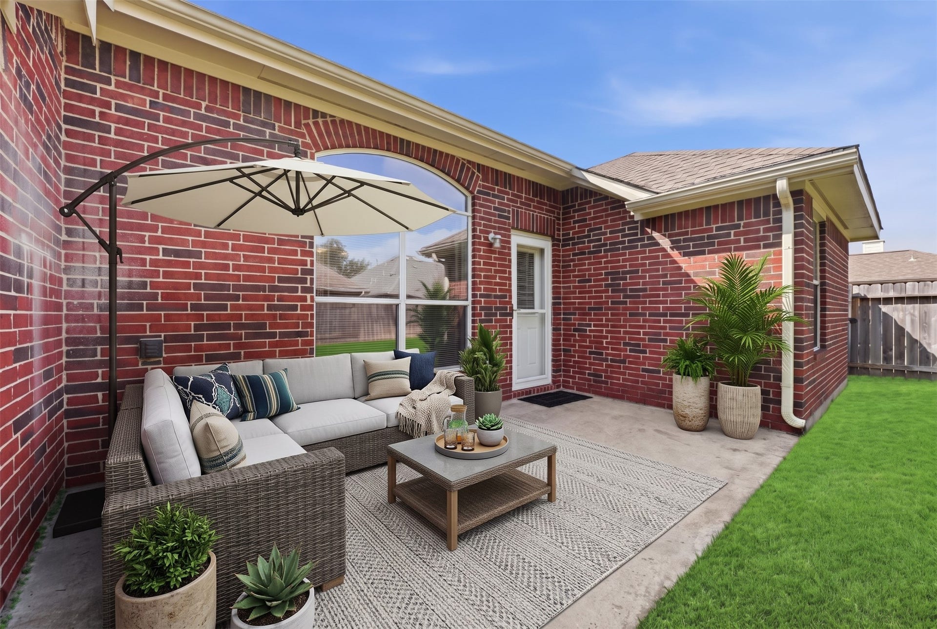 2426 Floral Ridge Drive, Spring, TX 77388 Private concrete back patio and fully fenced lawn framed by timeless full-brick construction and classic arched window detail. (virtually staged)