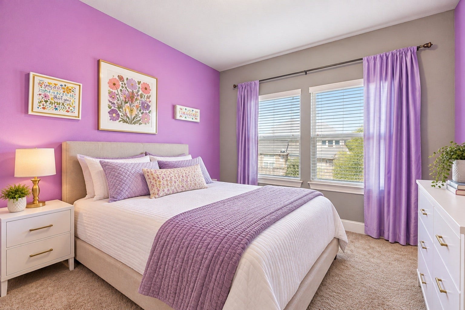 This spacious bedroom features large windows that fill the space with light. The room easily accommodates a full bedroom set and additional furniture. Virtually staged to showcase its possibilities.