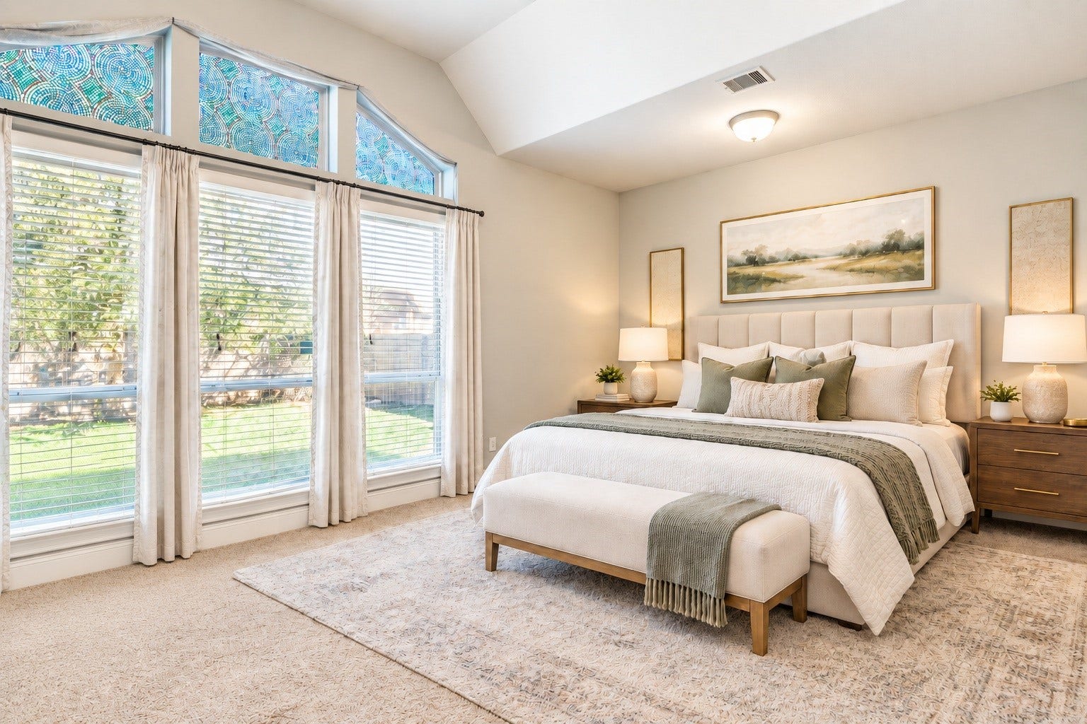 The oversized first-floor bedroom seamlessly combines comfort and style, featuring large windows that offer serene views of the lush backyard. Virtually staged to highlight its versatility.