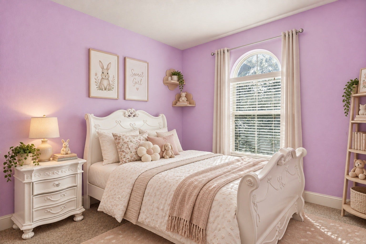 This bedroom offers a charming, lived-in feel with plush neutral carpeting and a beautiful arched window that serves as a bright focal point. Virtyally staged.