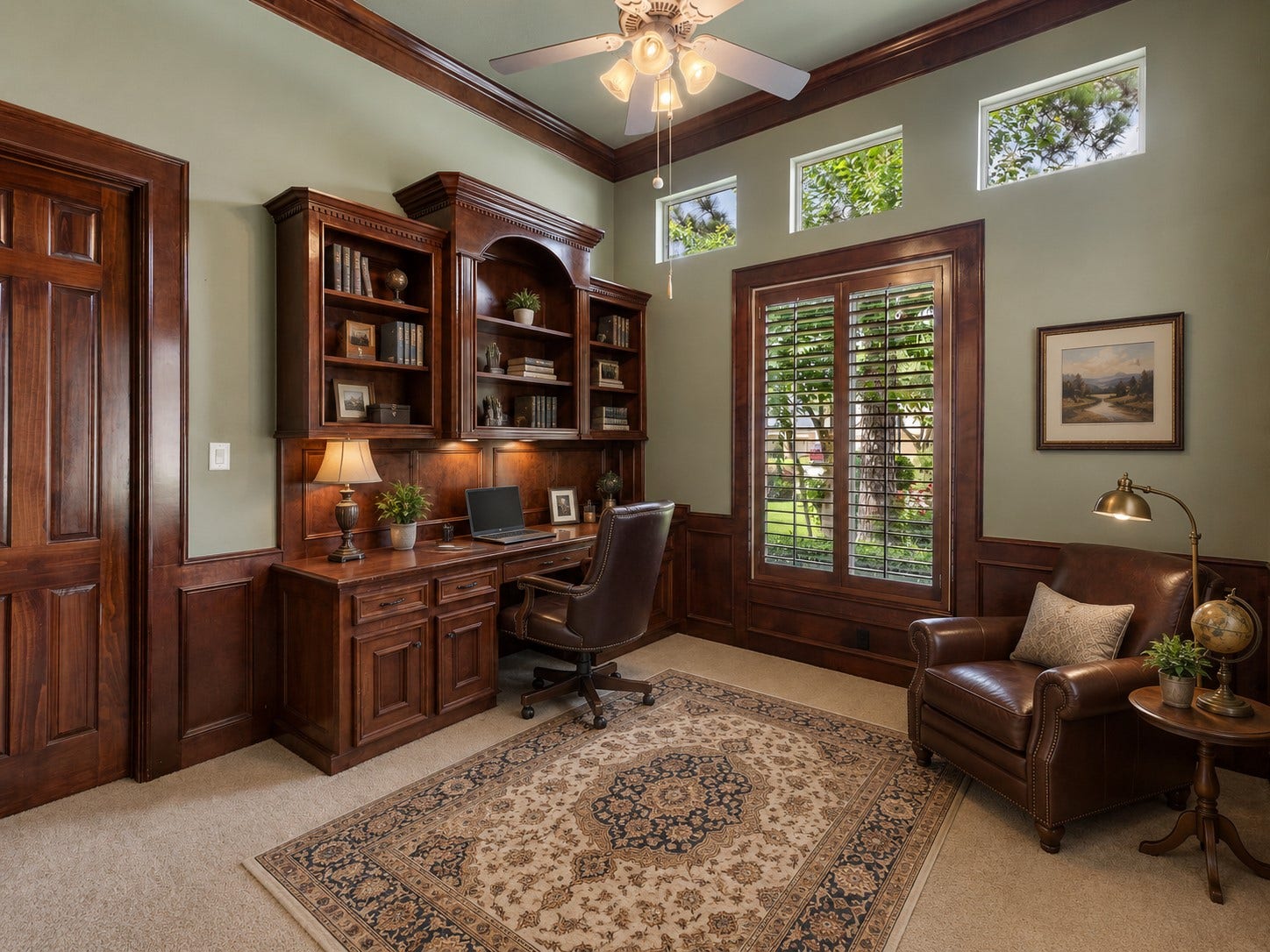 6207 Windrose Hollow Lane, Spring, TX 77379 This private first floor room offers excellent flexibility with a closet and attached full bathroom, making it ideal as either a guest bedroom or a distinguished study. Rich millwork, tall ceilings, and plantation shutters give the space a refined presence, while its downstairs location provides comfort and convenience for guests or a quiet work from home retreat.