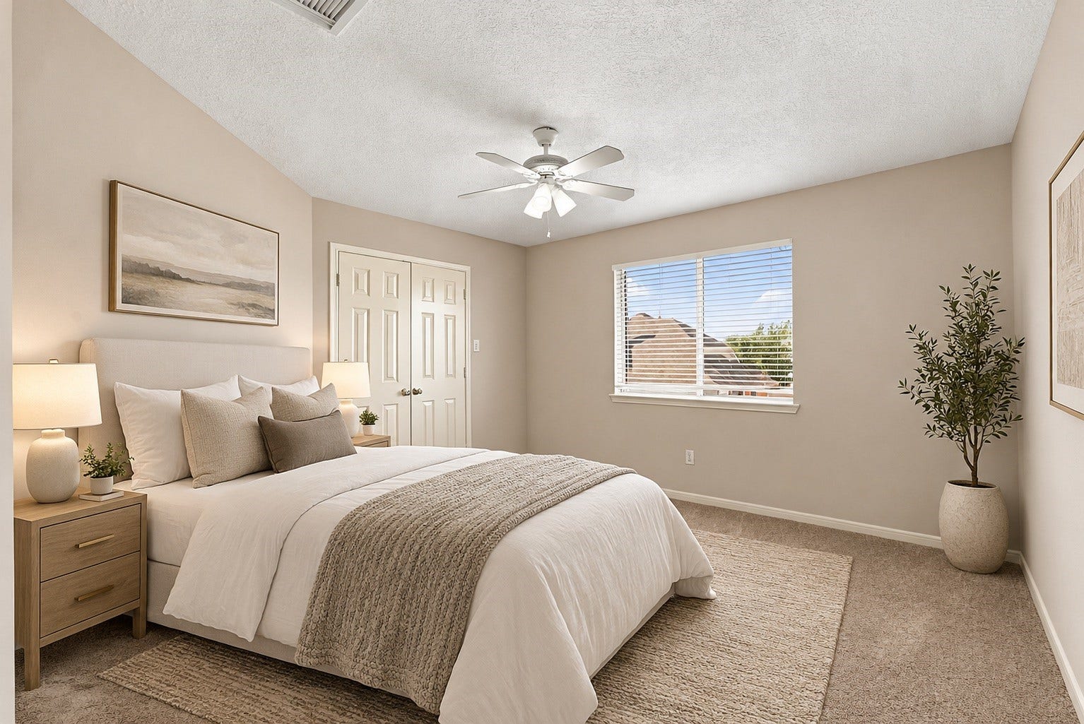 virtualy staged bright and inviting 4th bedroom with neutral tones features a cozy bed, elegant side tables, and a ceiling fan, all complemented by ample natural light from a large window.