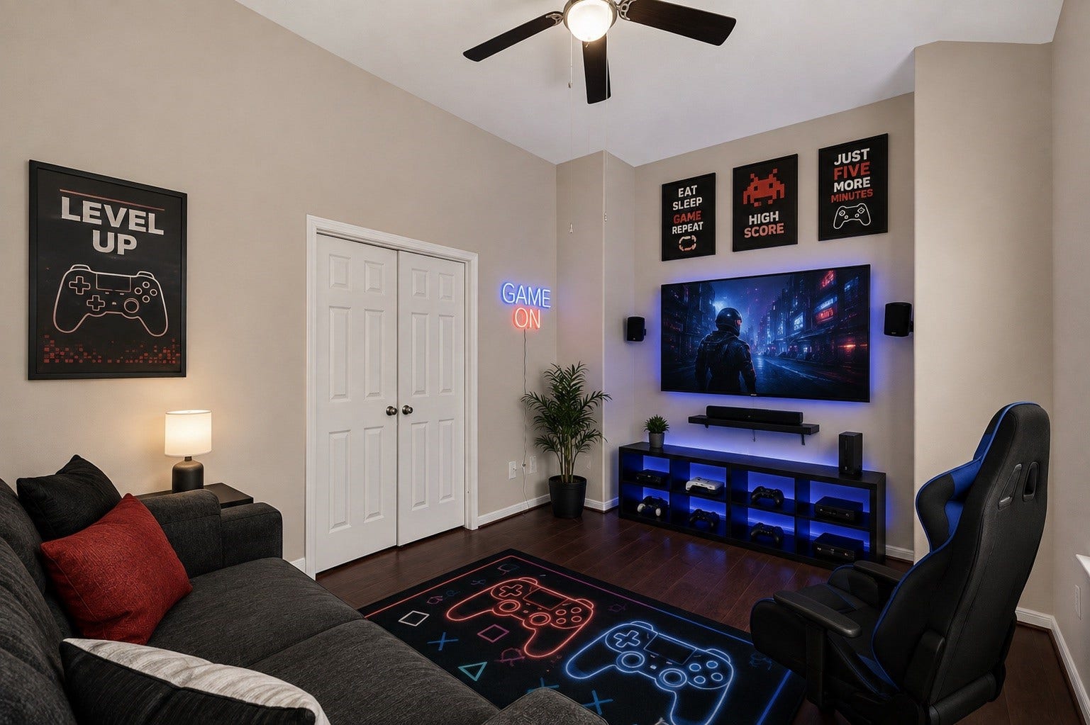 3635 Cottage Manor Lane, Katy, TX 77494 Shown as a gaming room, this versatile space has wood-look flooring, a ceiling fan, and a double-door closet. It would also work as a bedroom, media room, or office.