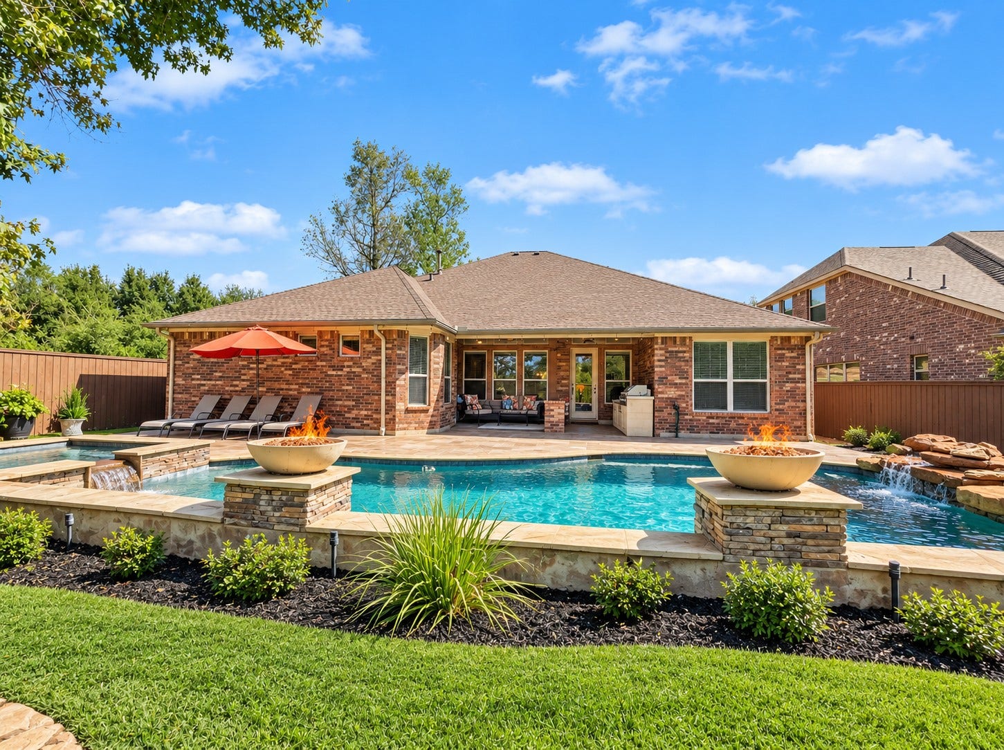 59 Tioga Place, Tomball, TX 77375 Enjoy an outdoor space where the landscaping and pool area come together to create a welcoming place to spend time outside. The rear exterior showcases the home's connection to the backyard, with windows overlooking the pool and spa and views that bring the outdoors into the main living areas.