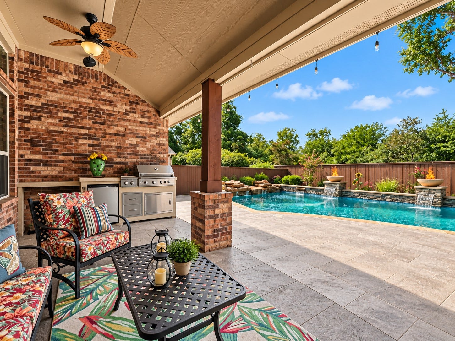 59 Tioga Place, Tomball, TX 77375 Relax under the covered back patio while taking in the view of the backyard oasis. Whether you're planning a refreshing swim or simply enjoying the view from the house, the pool brings an inviting outdoor feature to the property.