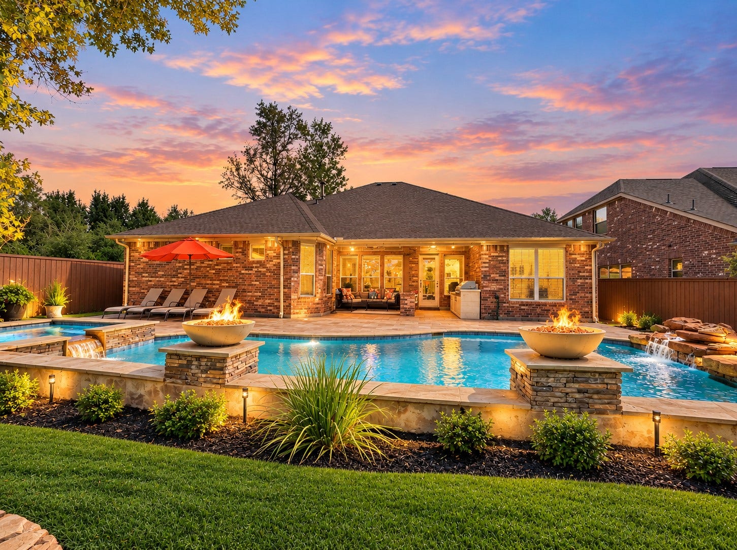 59 Tioga Place, Tomball, TX 77375 As the sun sets, the backyard offers a peaceful setting to unwind, enjoy the pool/spa, or spend time with friends and family outdoors.
