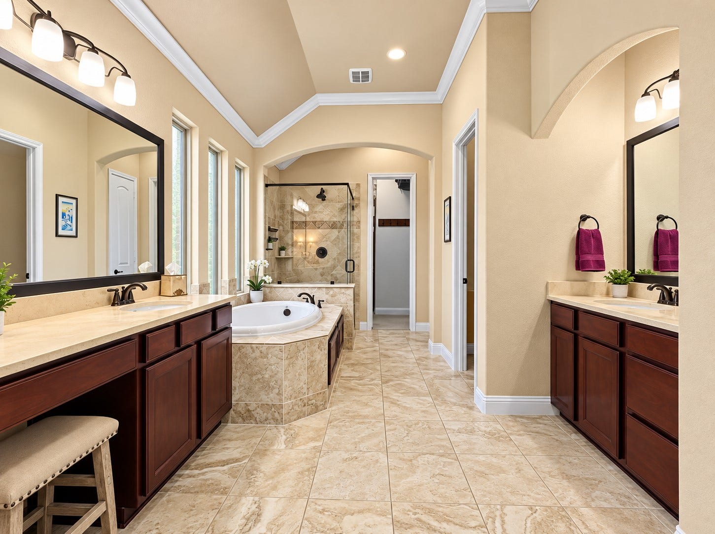 59 Tioga Place, Tomball, TX 77375 The spacious primary bathroom features dual sinks, a vanity area, a large soaking tub, and a separate shower for a comfortable daily routine.