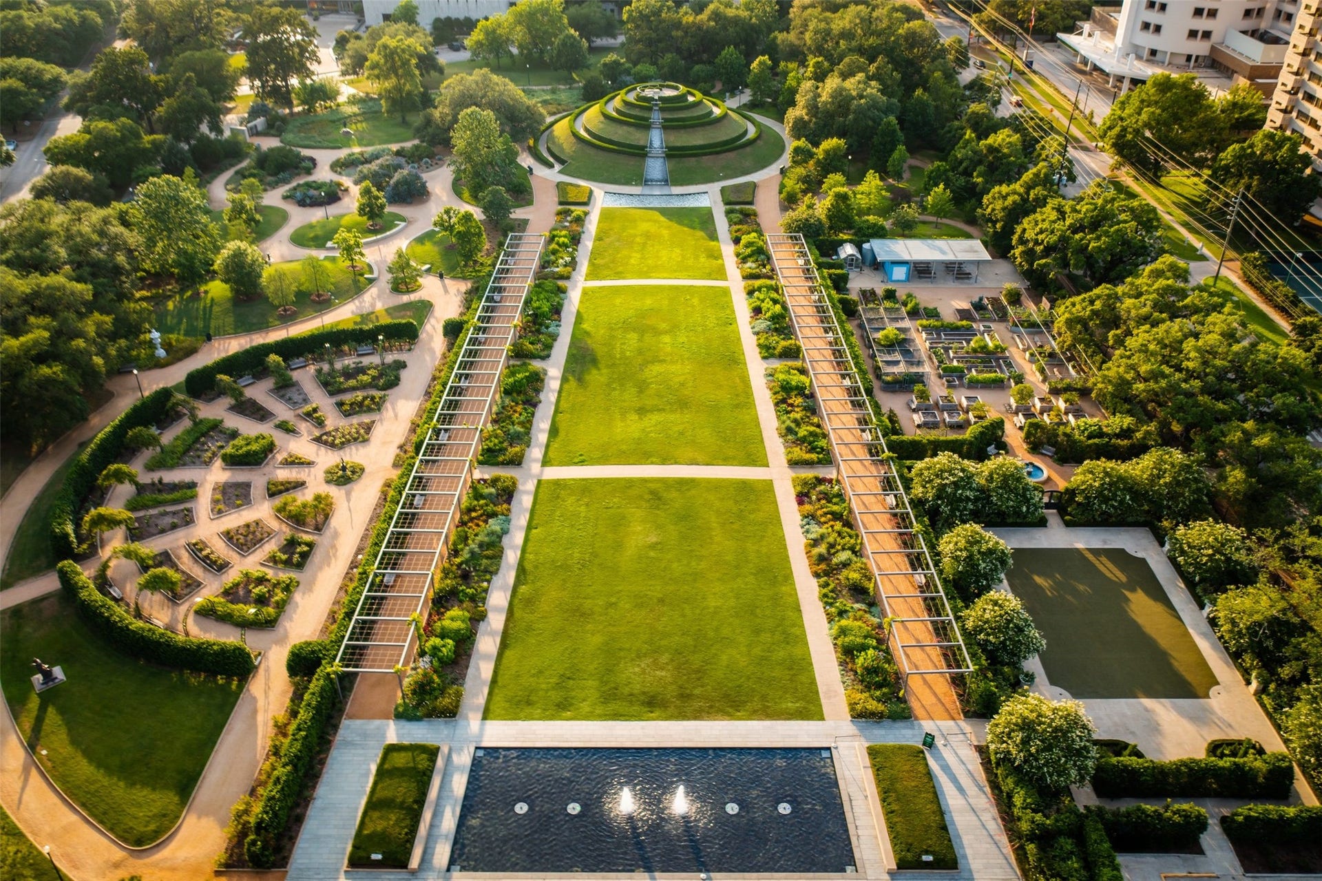 8 acre McGovern Centennial Gardens designed for Hermann Park. Hermann Park offers golf, a performing arts amphitheater, running/walking trails, the Houston Zoo, a recently added children's area.