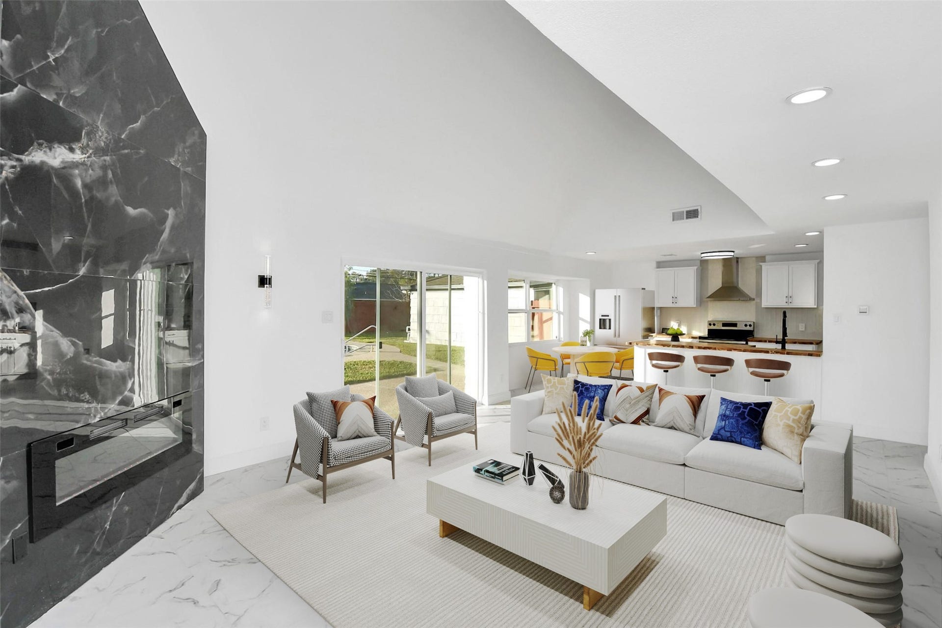 6035 Cartagena Street, Houston, TX 77035 A view of the fireplace reveals its integration with the open-concept layout, offering a perfect flow toward the kitchen areaan ideal setup for entertaining guests. The possibilities in this space are endless. (Virtually Staged)