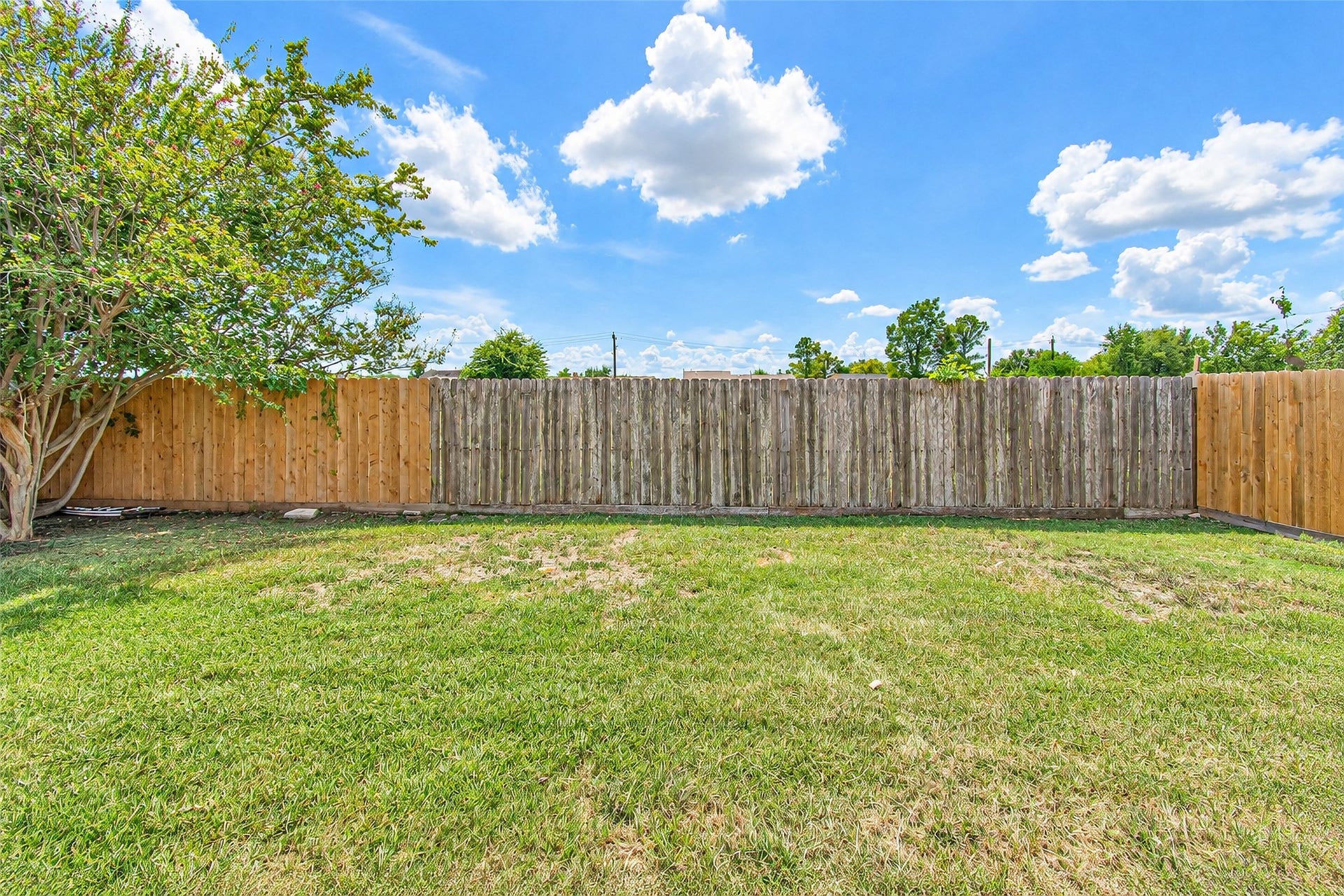 12027 Huntington Park Drive, Houston, TX 77099 Expansive fenced backyard with lush green grass and a mature tree, perfect for outdoor activities or relaxation.