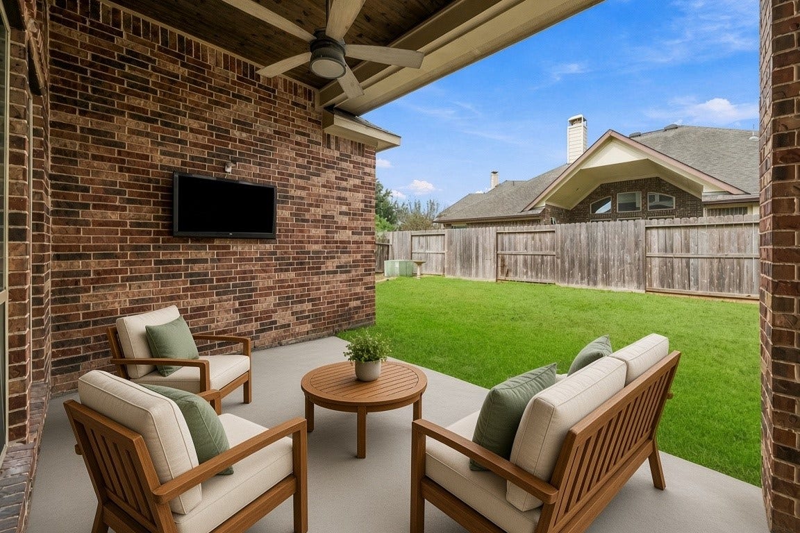 28906 Davenport Drive, Katy, TX 77494 virtually staged - Covered patio w/ TV and ceiling fan
