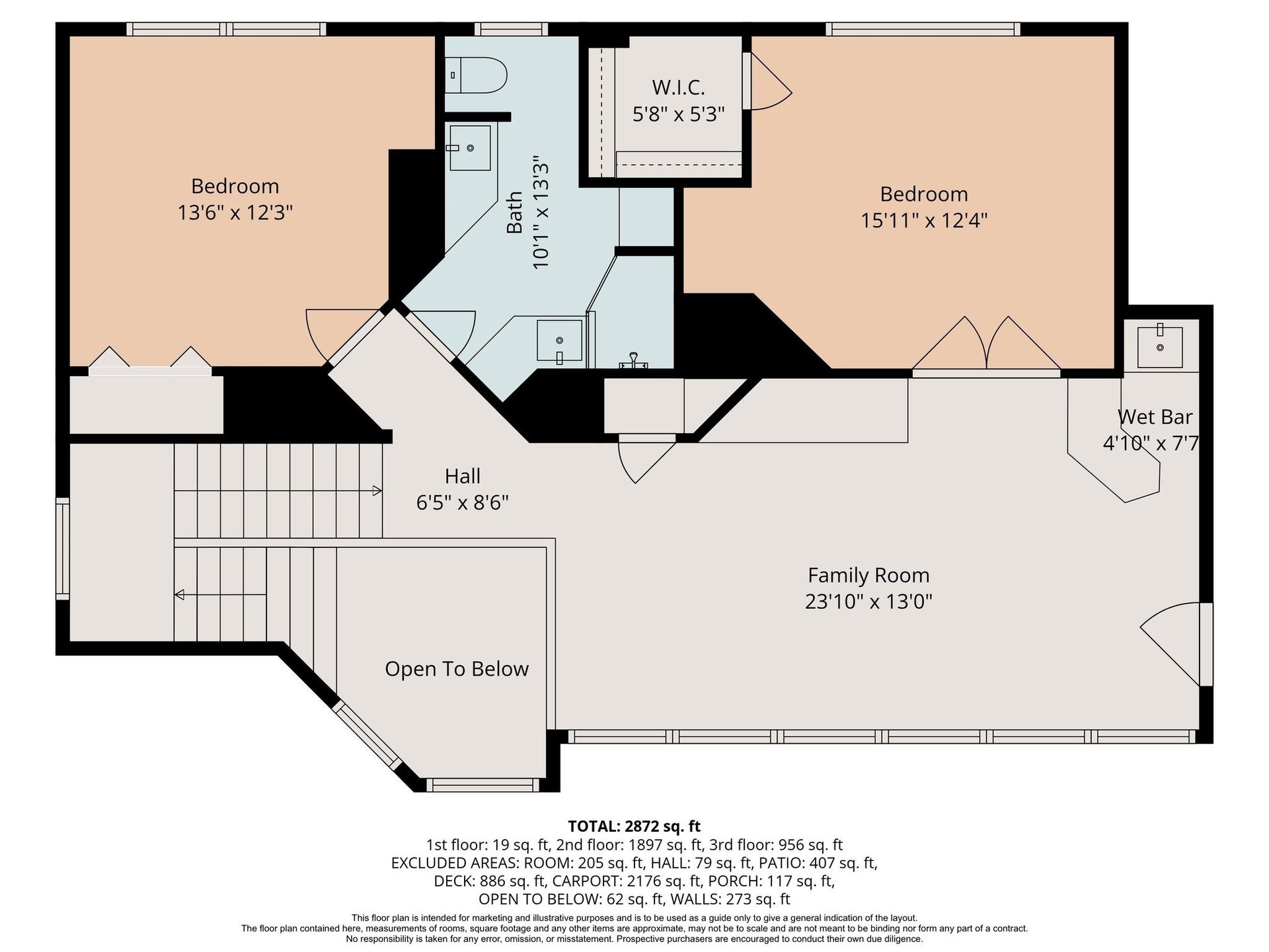 This floor plan features a spacious family room with a wet bar, two bedrooms, one with a walk-in closet, and a full bath. The hall connects the rooms, and there's an open area overlooking the floor below. Total area is 2,872 sq. ft.