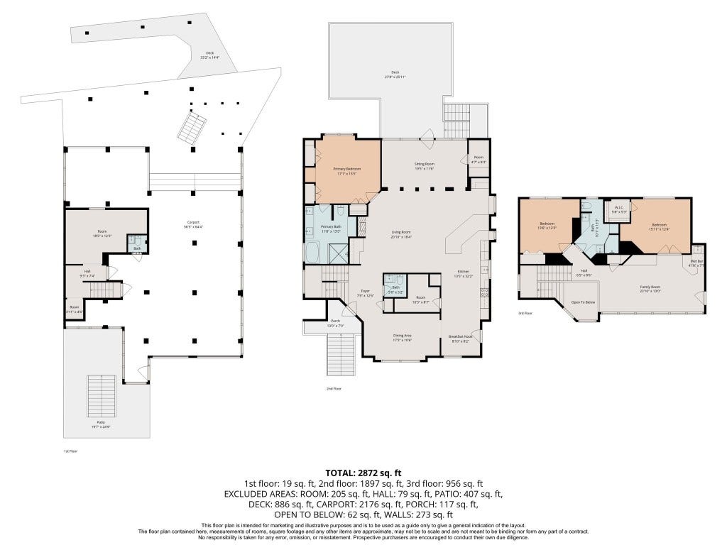 This is a floor plan of a multi-level home totaling 2,872 sq. ft. It includes three floors with a mix of living spaces, bedrooms, and bathrooms. The first floor has a large carport and patio, the second floor features a spacious living room, kitchen, and deck, while the third floor includes additional bedrooms and a family room.