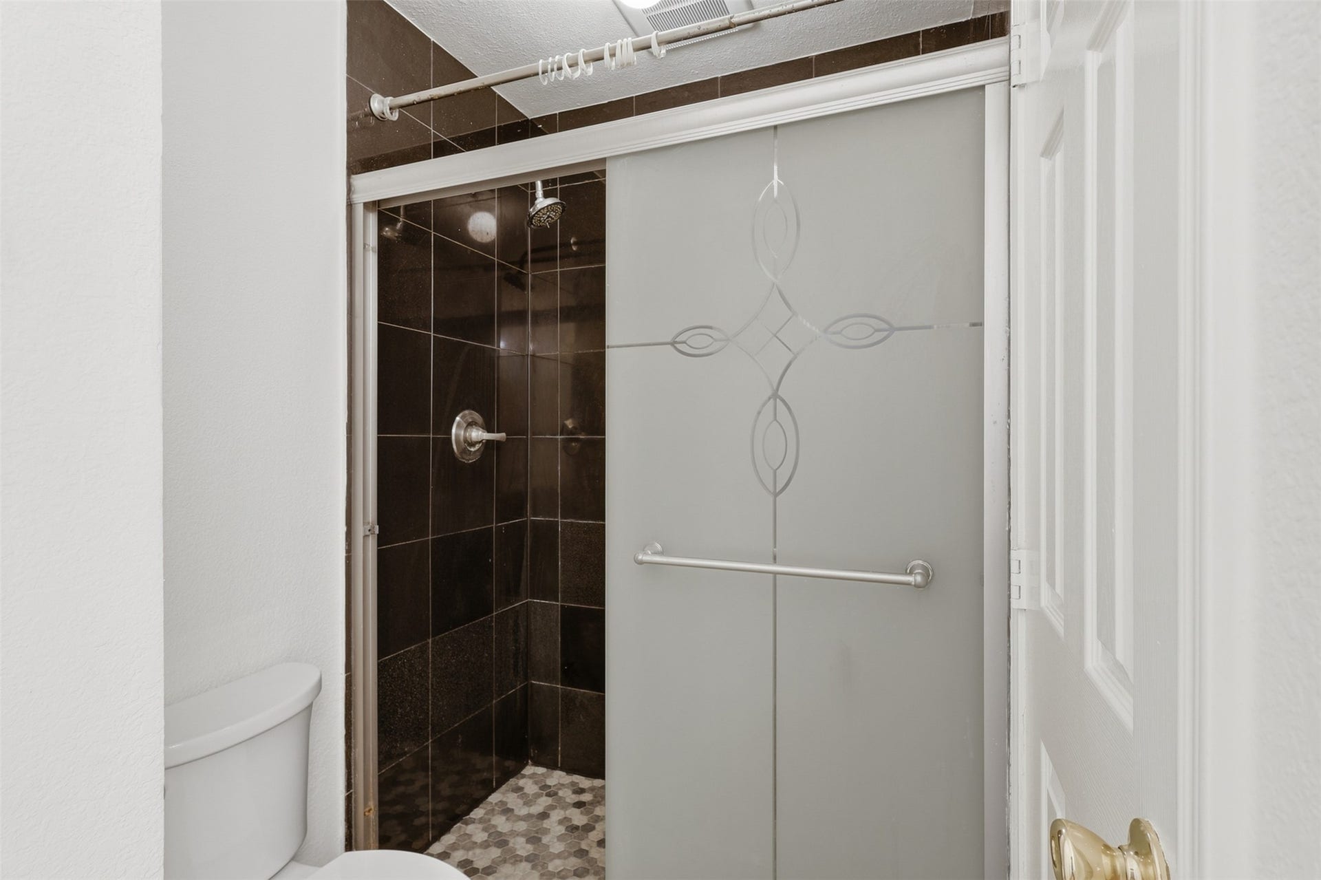 16622 Stoneside Drive, Houston, TX 77095 Secondary bathroom offers a walk-in shower with dark tile, mosaic flooring, and an etched glass sliding door.