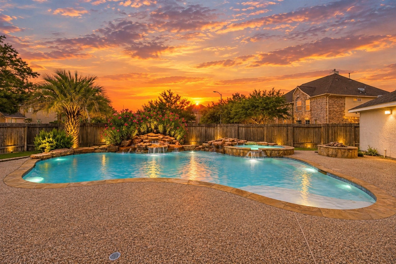 15730 Lake Loop Drive, Cypress, TX 77433 Enjoy your own private oasis with this spacious backyard featuring a sparkling pool, soothing waterfall, and a beautifully landscaped setting, perfect for relaxation and entertainment.