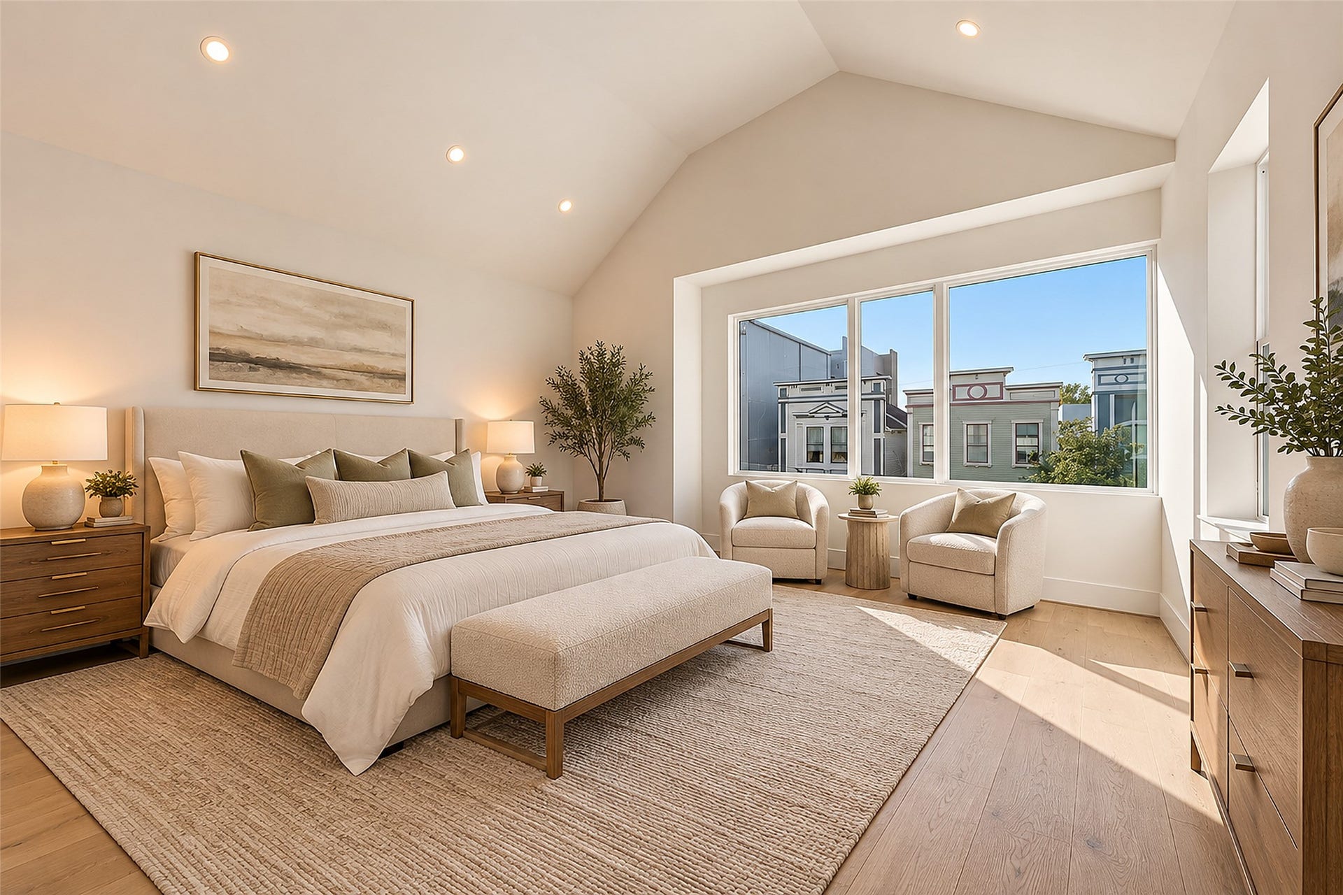 Elegant and sizable primary bedroom large enough for a variety of furniture combinations and