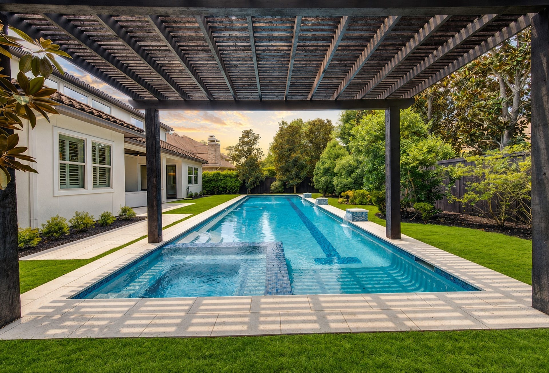 A shaded pergola overlooks the sparkling pool and heating spa, creating an inviting private retreat for relaxation and year-round enjoyment.