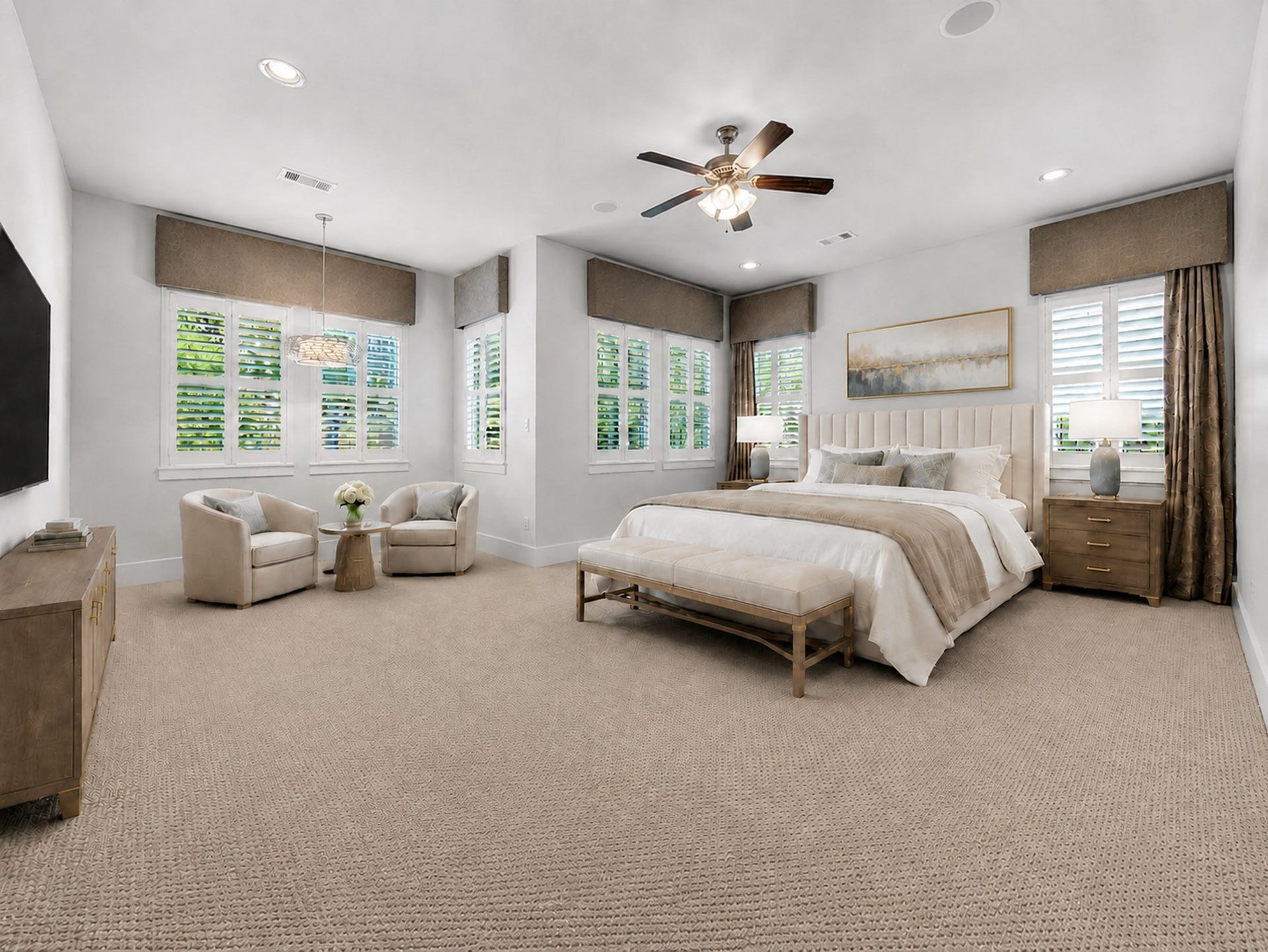 The exceptionally spacious primary retreat is wrapped in windows oand offers a dedicated sitting area, creating a serene sanctuary for rest and relaxation. Digitally staged.