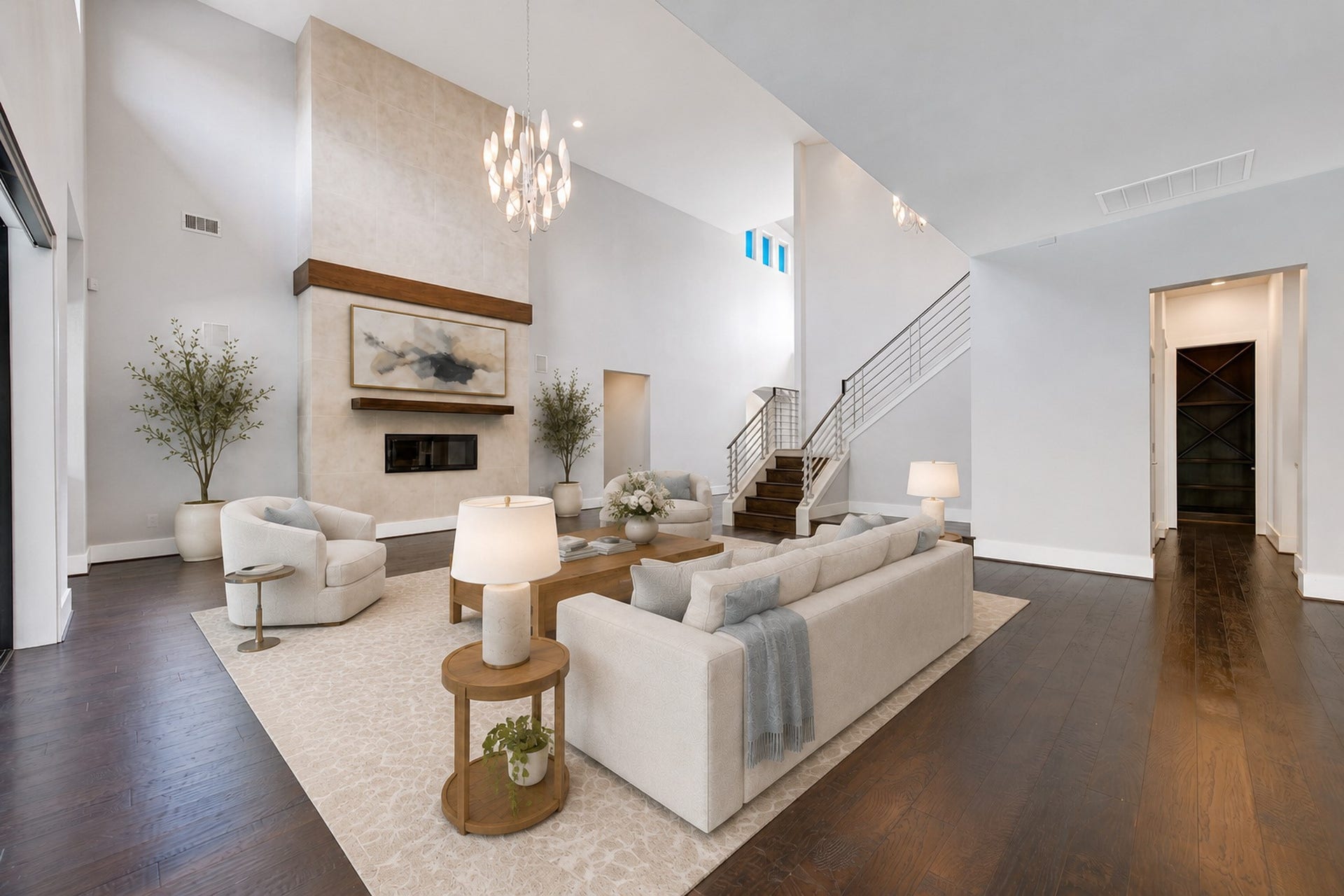 Another view of the great room. Digitally staged.