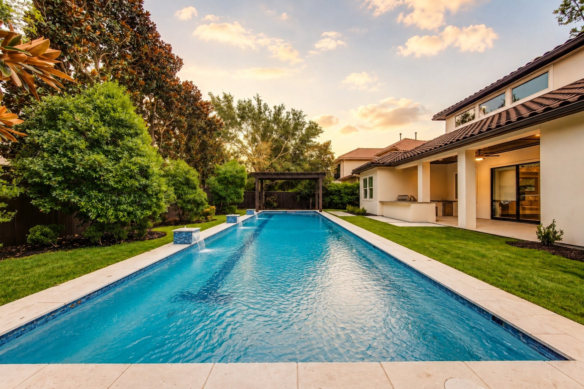 The expansive rectangular pool is ideal for swimming laps, exercise and recreation, bringing resort-style enjoyment to this private backyard retreat.