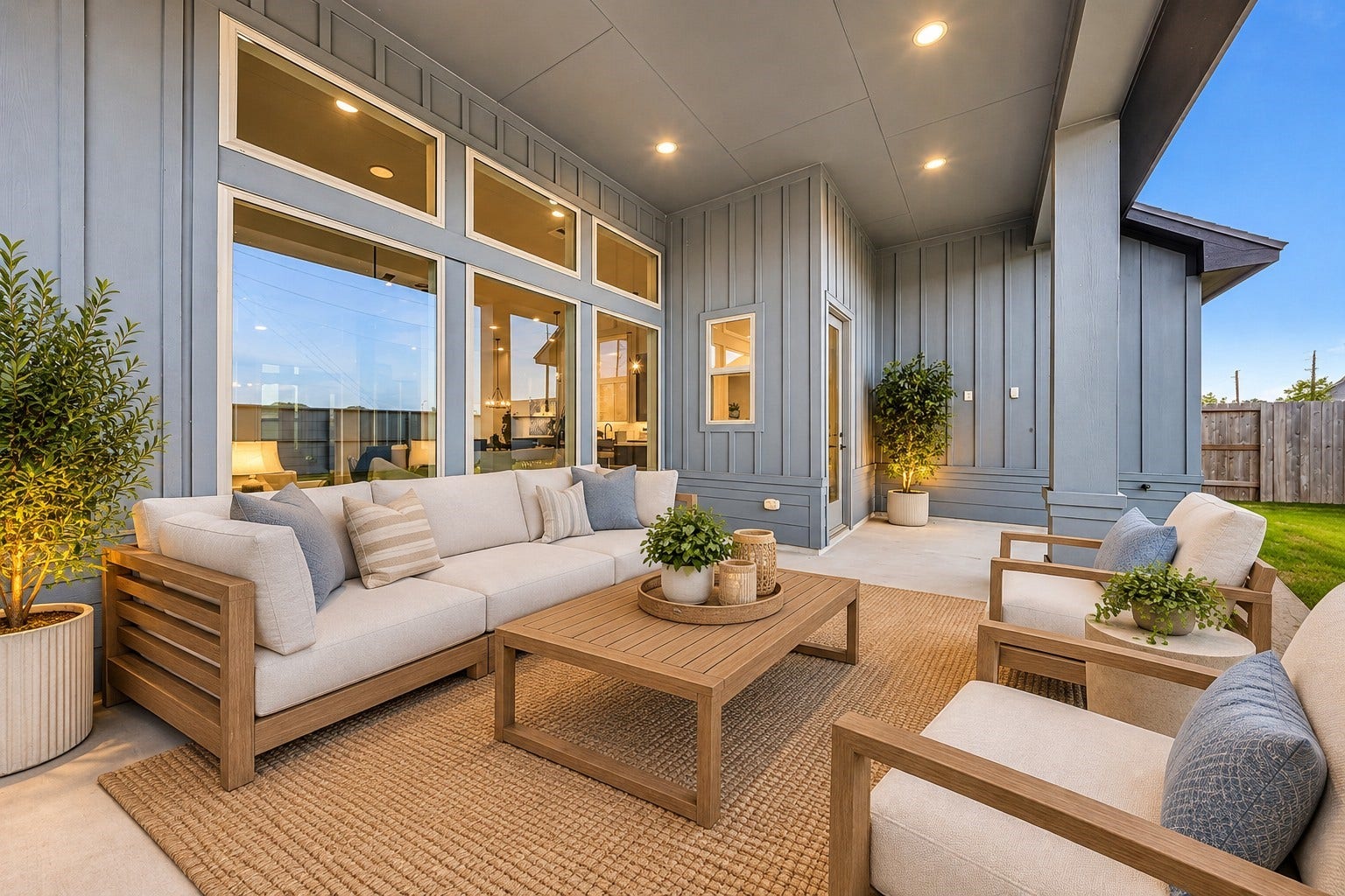 32510 Ebony Jewelwing Court, Fulshear, TX 77441 Covered Patio: Spacious covered patio offers an inviting extension of the home with recessed lighting, generous seating space, and views through oversized windows into the beautifully designed interior.
