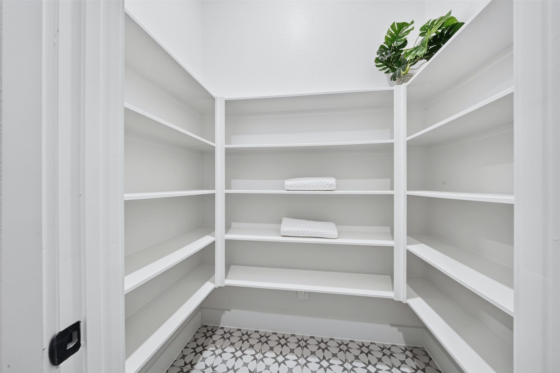 32510 Ebony Jewelwing Court, Fulshear, TX 77441 Walk-In Pantry: Generously sized walk-in pantry with extensive built-in shelving for organized food, appliance, and household storage.