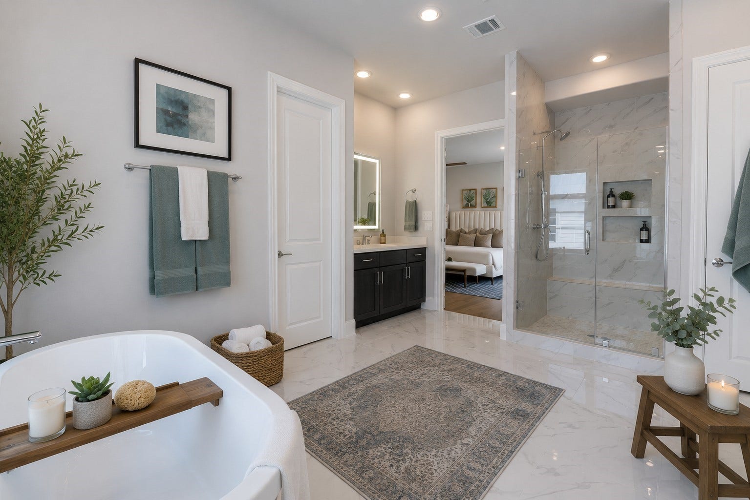 11053 Chatterton Drive, Houston, TX 77043 Separate free standing tub and shower in this massive primary bathroom! Virtual staging added.