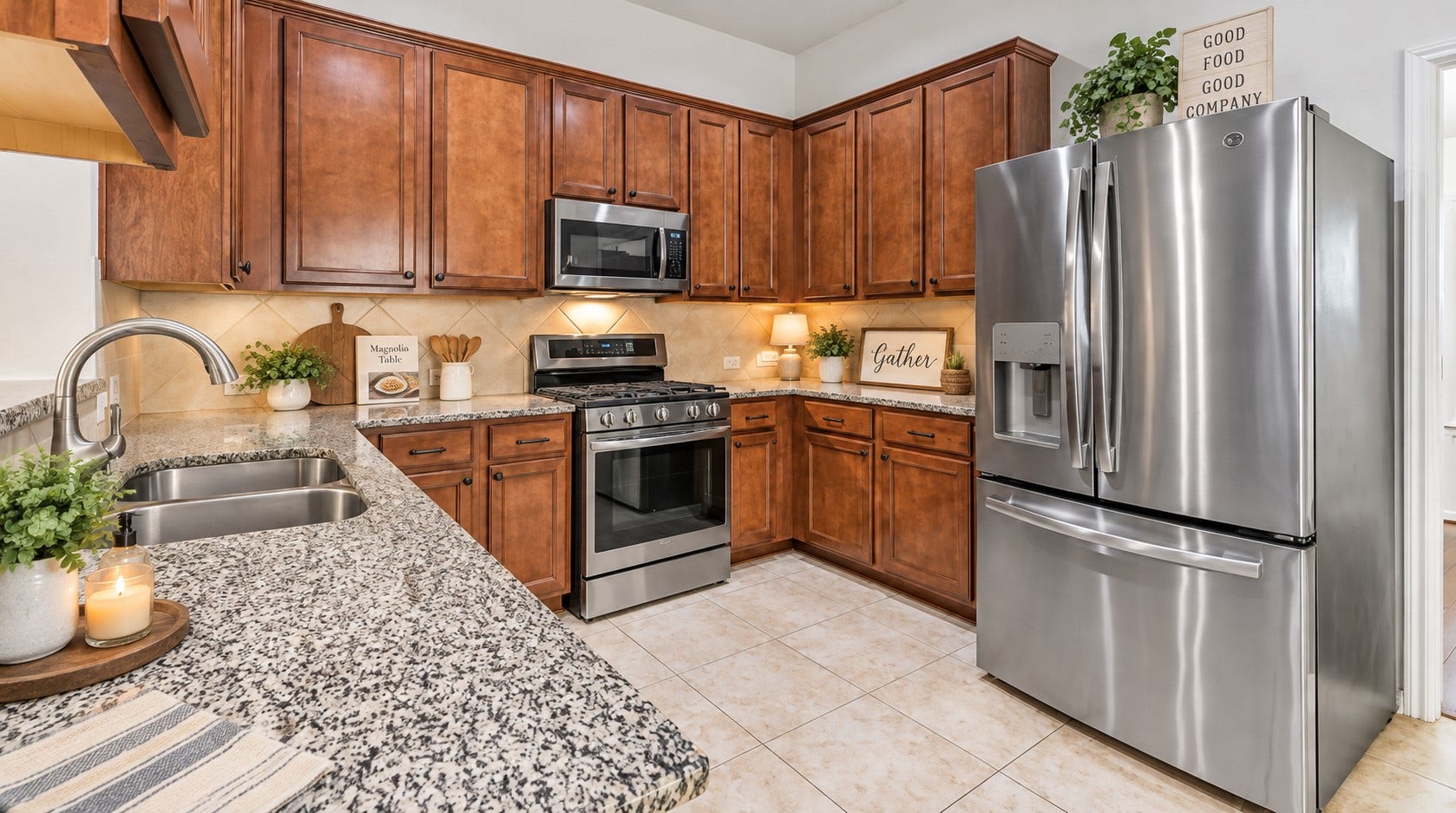 318 Lake Line Drive, Alvin, TX 77511 The well-appointed kitchen features granite countertops, abundant raised-panel cabinetry, a tile backsplash & flooring, recessed lighting and a stainless appliance package including a gas range, microwave and French-door refrigerator.