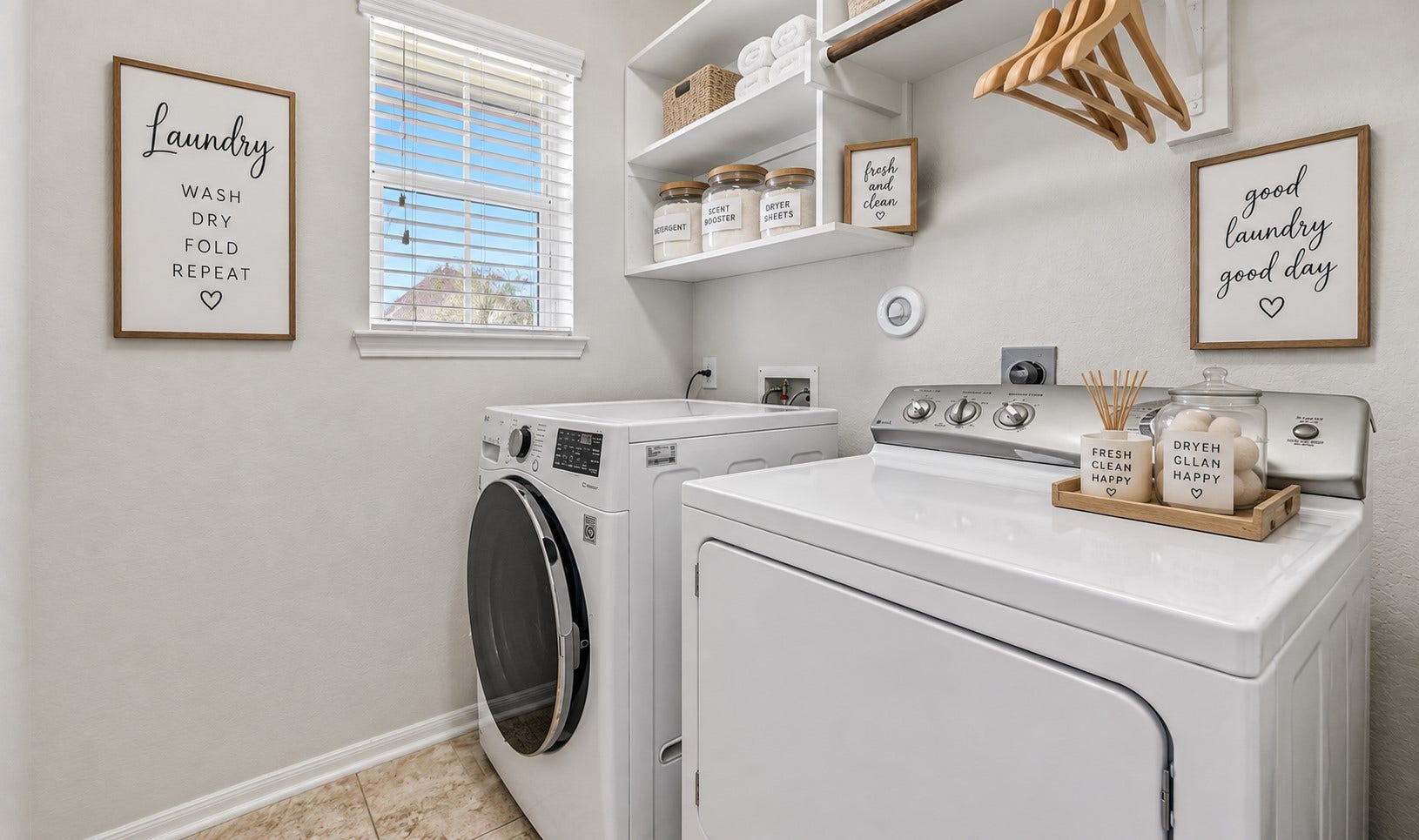 318 Lake Line Drive, Alvin, TX 77511 Conveniently located just off the kitchen, the dedicated utility room offers tile flooring, a window for natural light, washer and dryer connections, plus built-in shelving for laundry supplies and additional household storage.